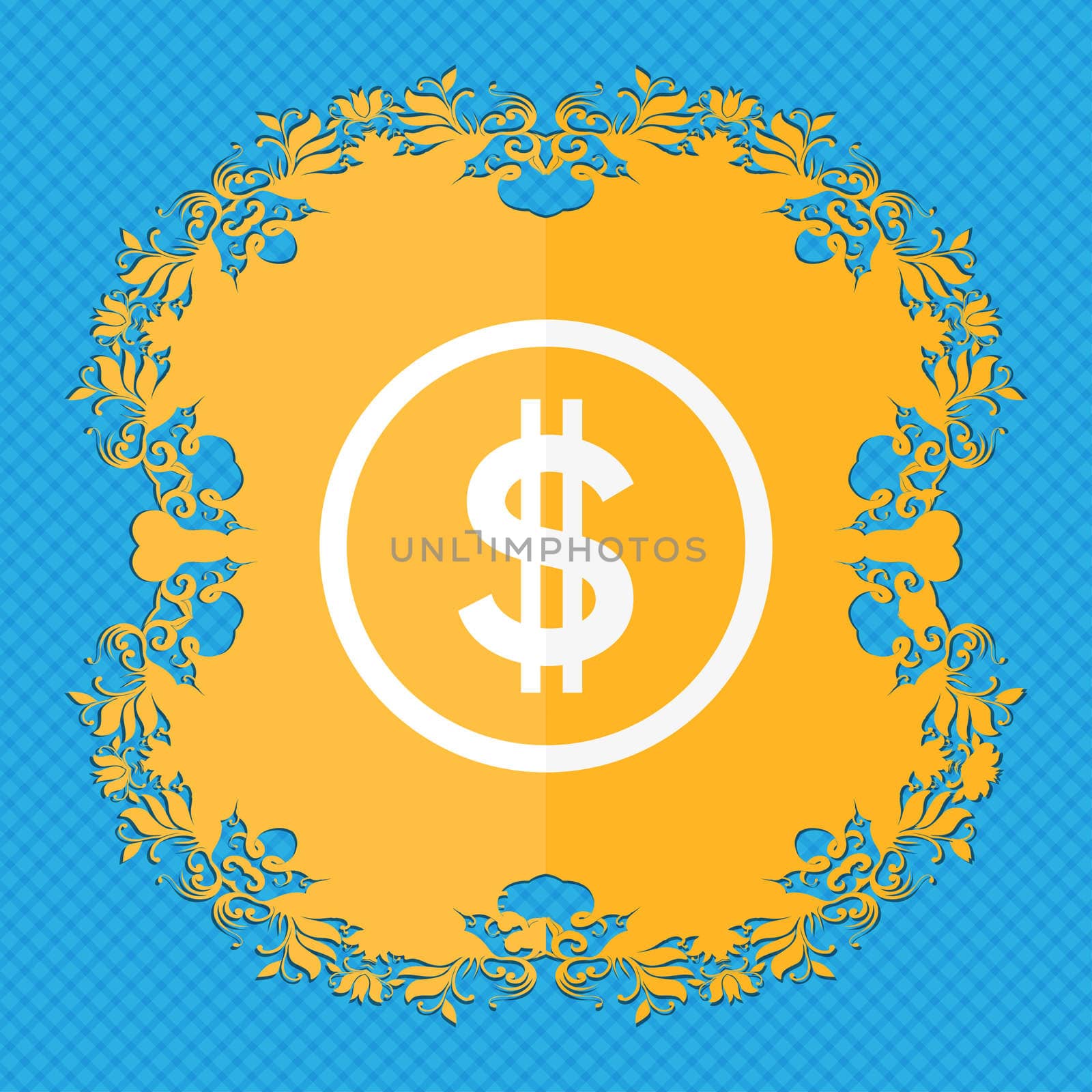 Dollar icon sign. Floral flat design on a blue abstract background with place for your text.  by serhii_lohvyniuk