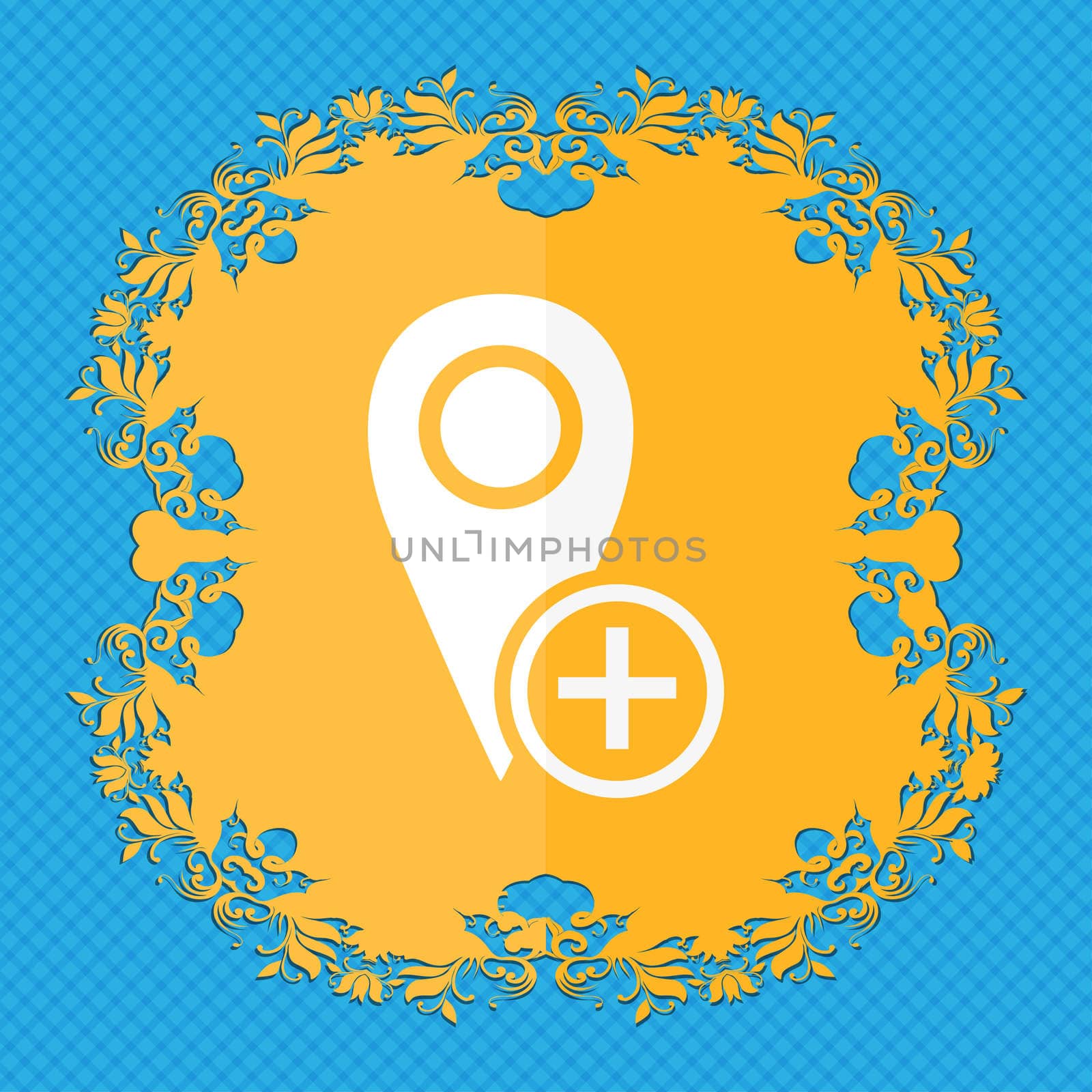 Map pointer icon sign. Floral flat design on a blue abstract background with place for your text.  by serhii_lohvyniuk