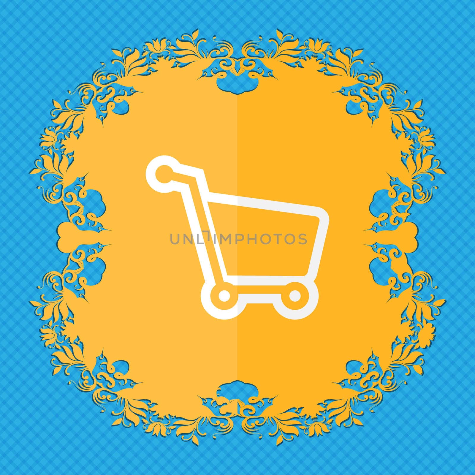 Shopping cart. Floral flat design on a blue abstract background with place for your text.  by serhii_lohvyniuk