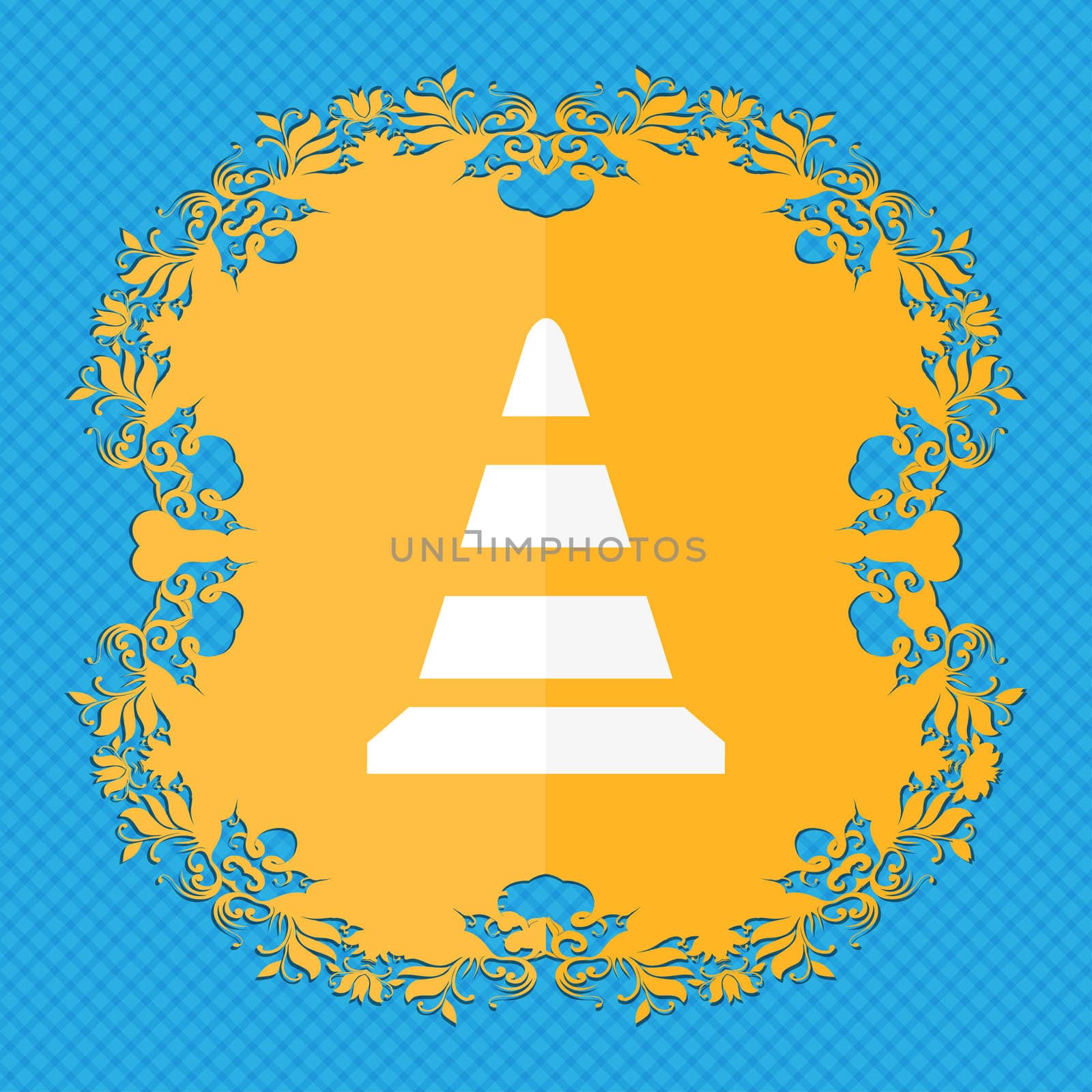 road cone icon. Floral flat design on a blue abstract background with place for your text. illustration