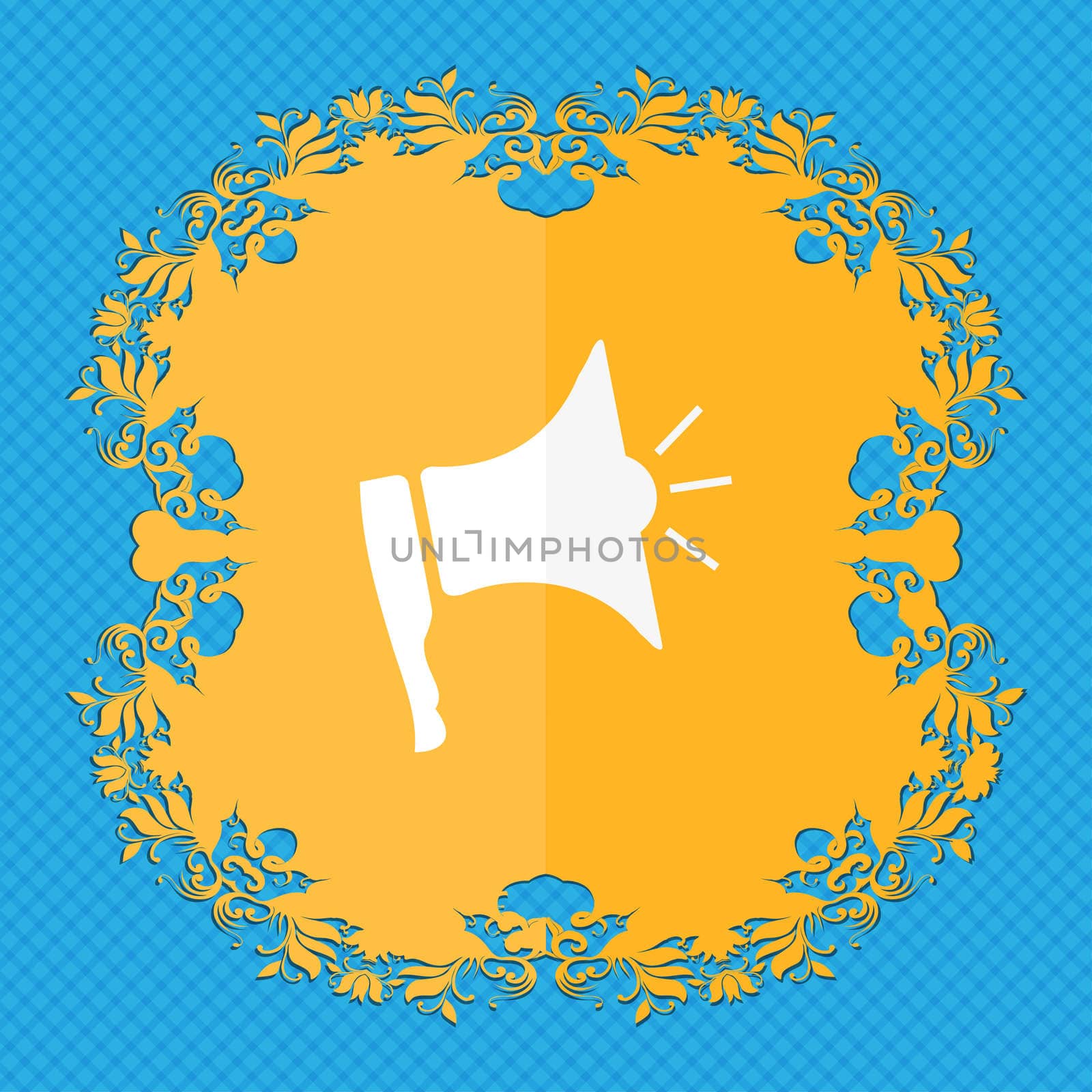 Megaphone soon icon. Loudspeaker symbol. Floral flat design on a blue abstract background with place for your text.  by serhii_lohvyniuk