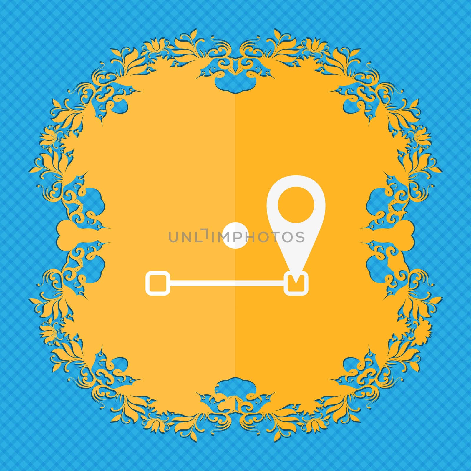 Map pointer icon sign. Floral flat design on a blue abstract background with place for your text.  by serhii_lohvyniuk