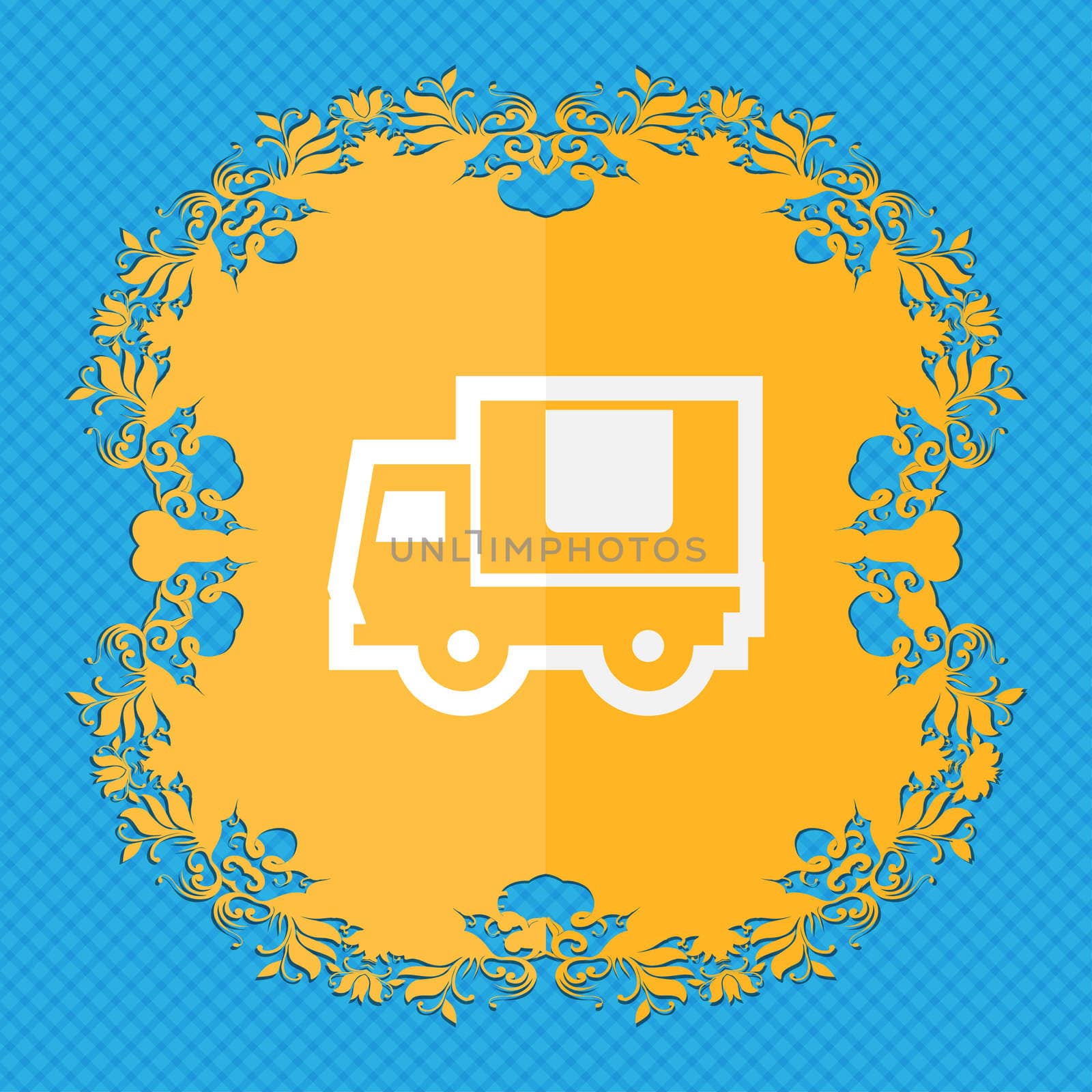 Delivery truck . Floral flat design on a blue abstract background with place for your text. illustration