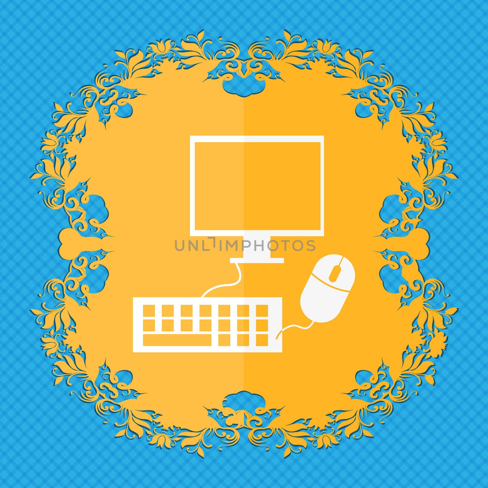 Computer widescreen monitor, keyboard, mouse sign icon. Floral flat design on a blue abstract background with place for your text. illustration