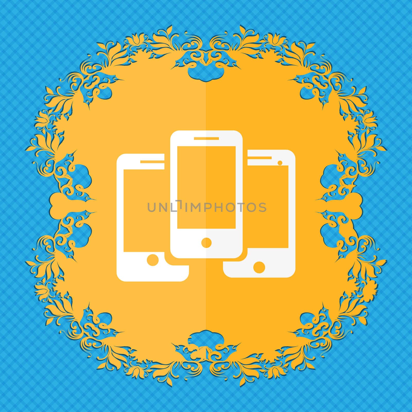 Smartphone sign icon. Support symbol. Call center. Floral flat design on a blue abstract background with place for your text.  by serhii_lohvyniuk