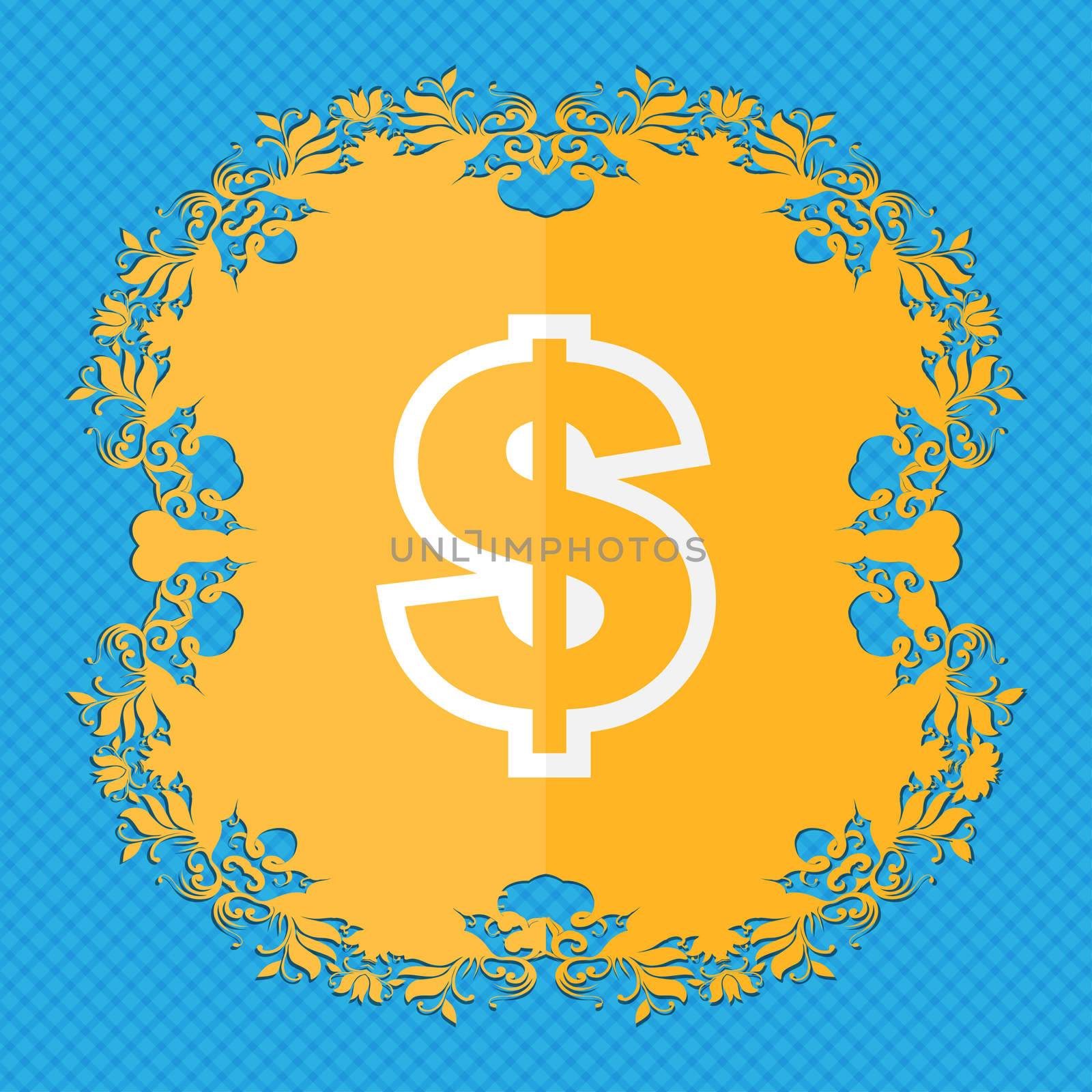 Dollar. Floral flat design on a blue abstract background with place for your text. illustration