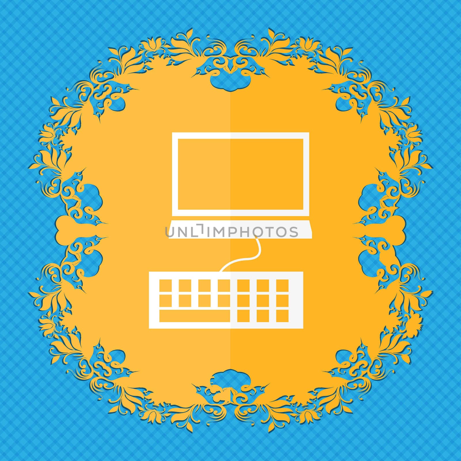 Computer monitor and keyboard Icon. Floral flat design on a blue abstract background with place for your text.  by serhii_lohvyniuk