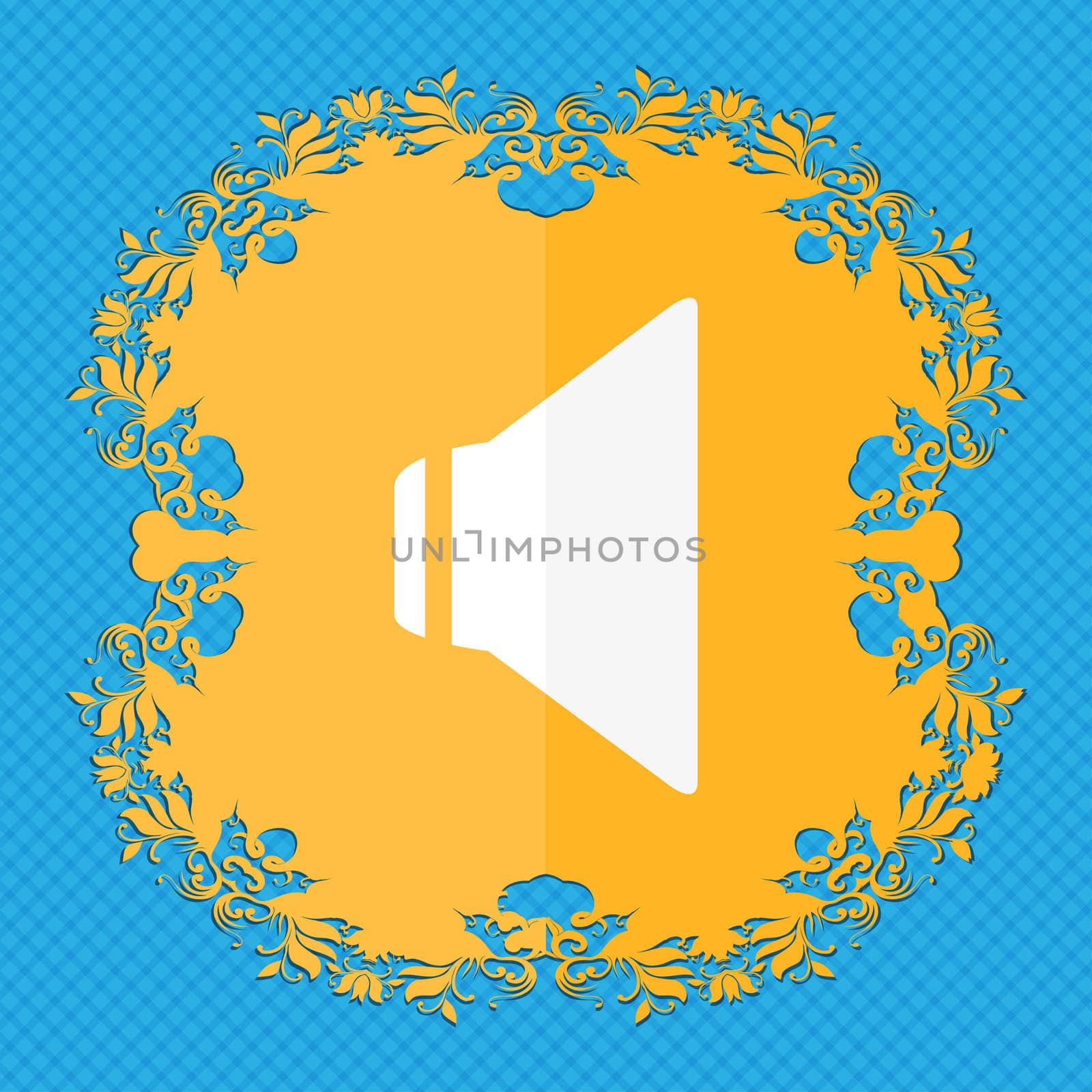 Speaker volume sign icon. Sound symbol. Floral flat design on a blue abstract background with place for your text. illustration
