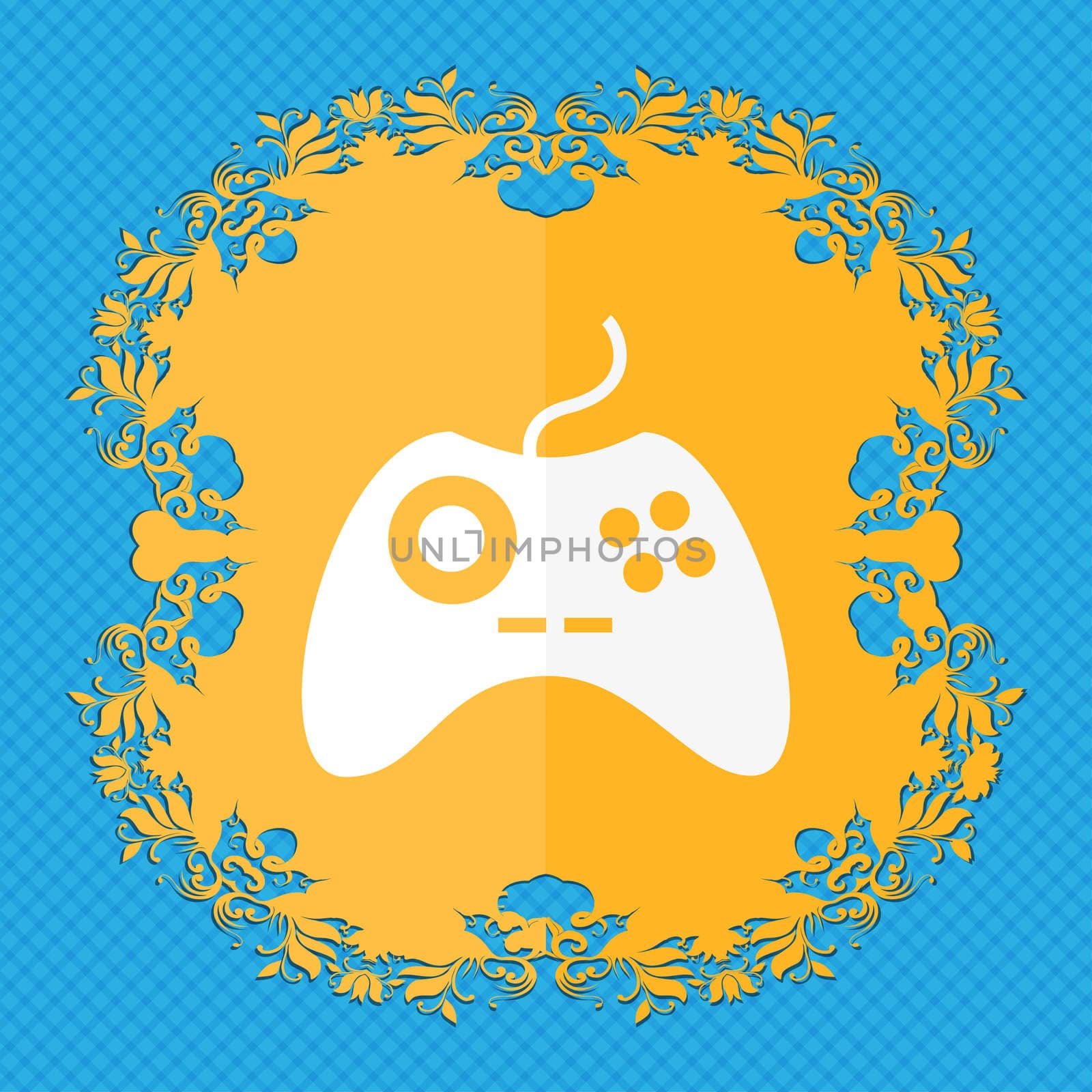 Joystick sign icon. Video game symbol. Floral flat design on a blue abstract background with place for your text. illustration