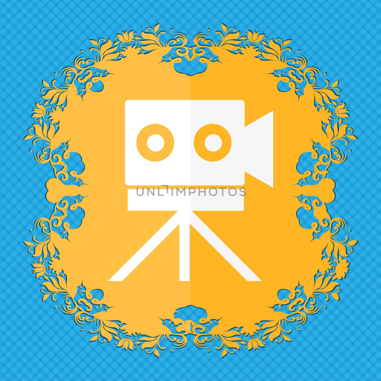 Video camera sign icon.content button. Floral flat design on a blue abstract background with place for your text. illustration