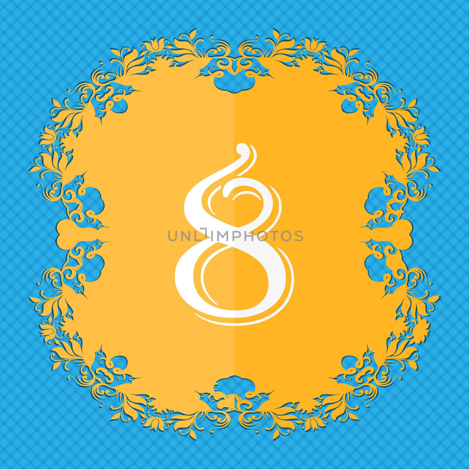 number Eight icon sign. Floral flat design on a blue abstract background with place for your text.  by serhii_lohvyniuk