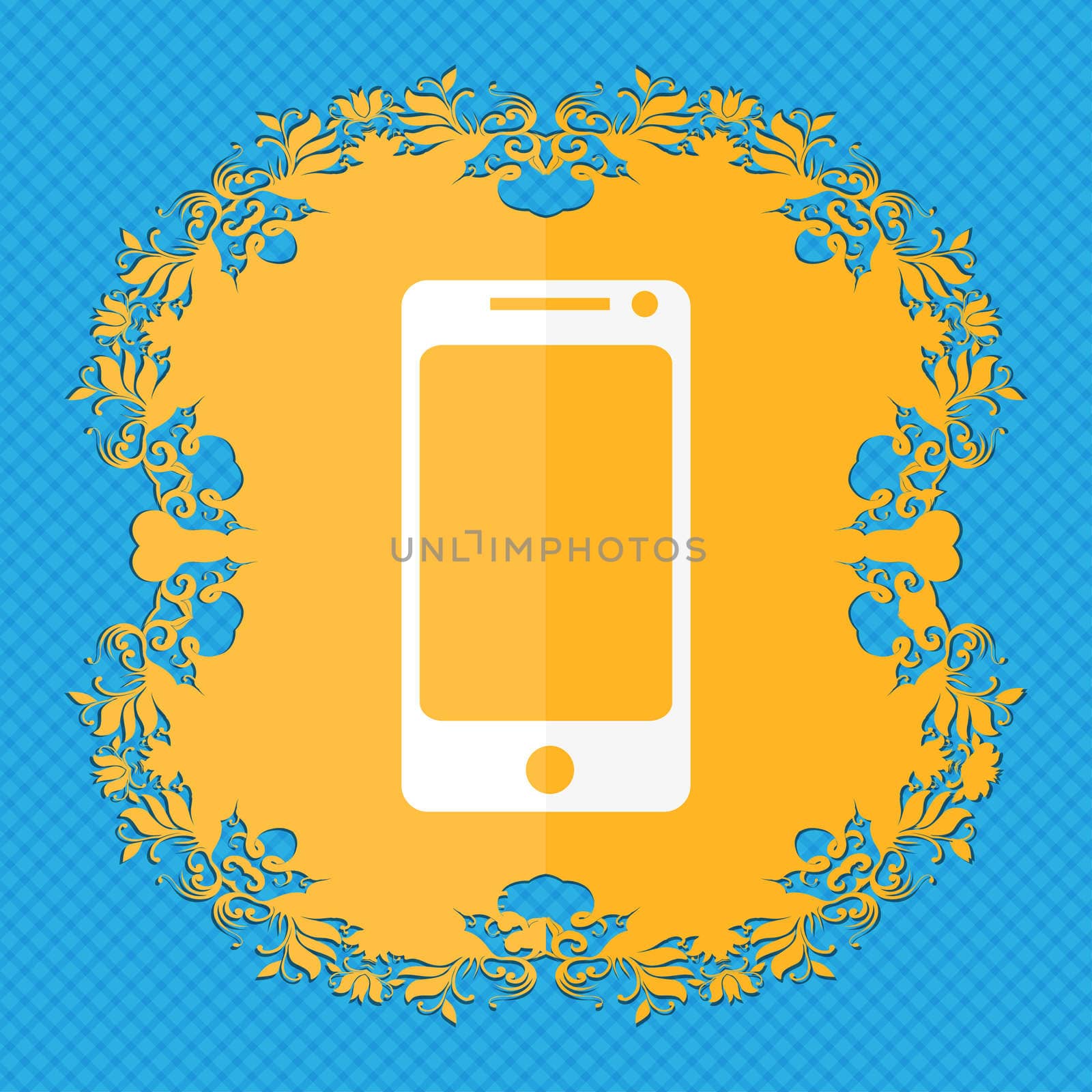 Smartphone sign icon. Support symbol. Call center. Floral flat design on a blue abstract background with place for your text. illustration