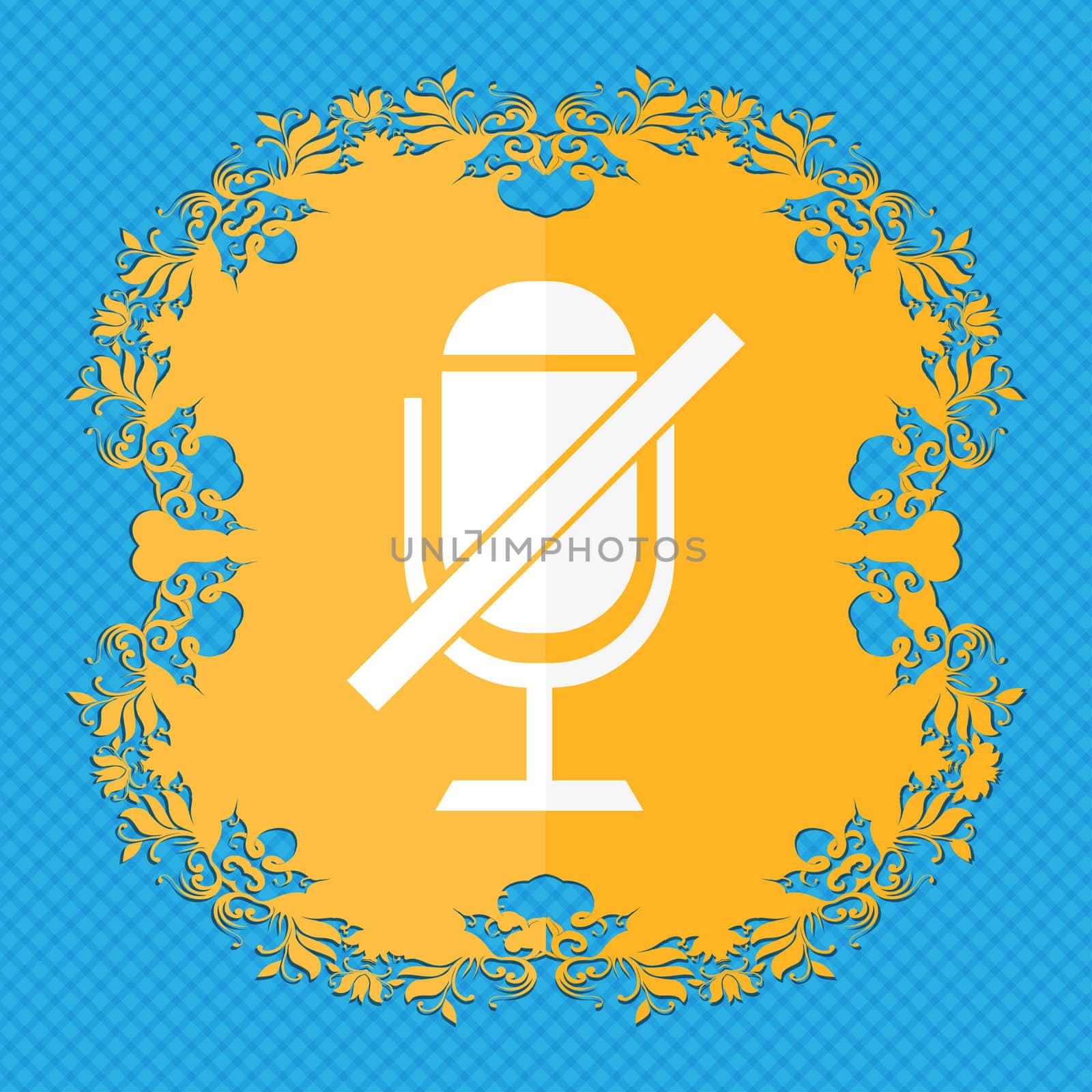 No Microphone sign icon. Speaker symbol. Floral flat design on a blue abstract background with place for your text. illustration