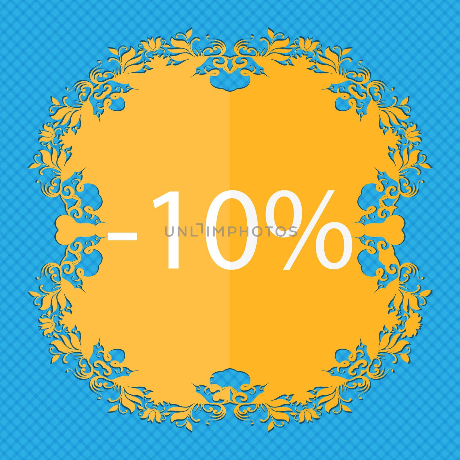 10 percent discount sign icon. Sale symbol. Special offer label. Floral flat design on a blue abstract background with place for your text.  by serhii_lohvyniuk