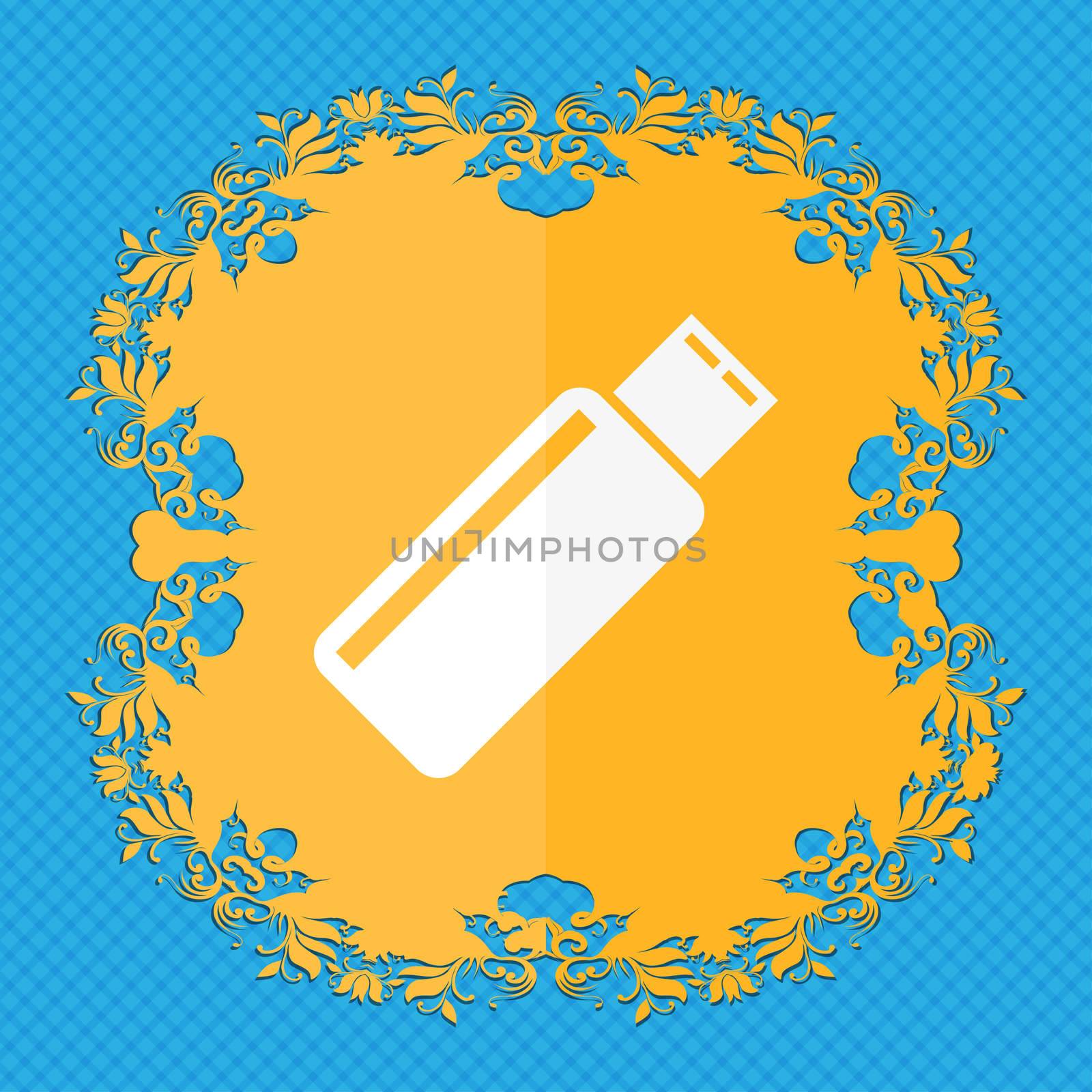 Usb sign icon. flash drive stick symbol. Floral flat design on a blue abstract background with place for your text.  by serhii_lohvyniuk