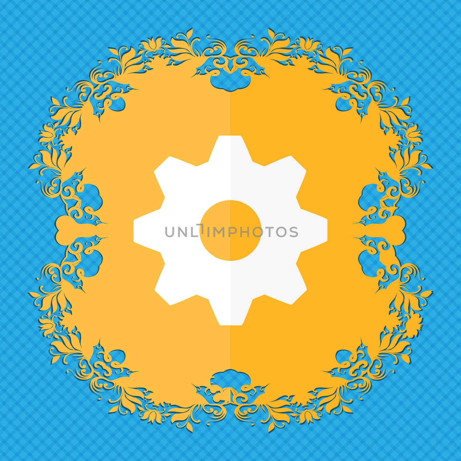 Cog settings sign icon. Cogwheel gear mechanism symbol. Floral flat design on a blue abstract background with place for your text.  by serhii_lohvyniuk