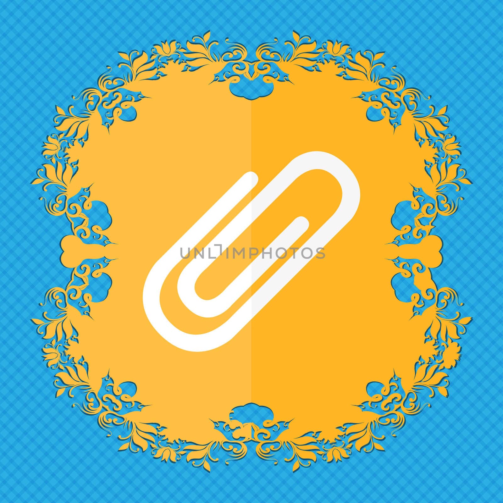 Paper clip sign icon. Clip symbol. Floral flat design on a blue abstract background with place for your text. illustration