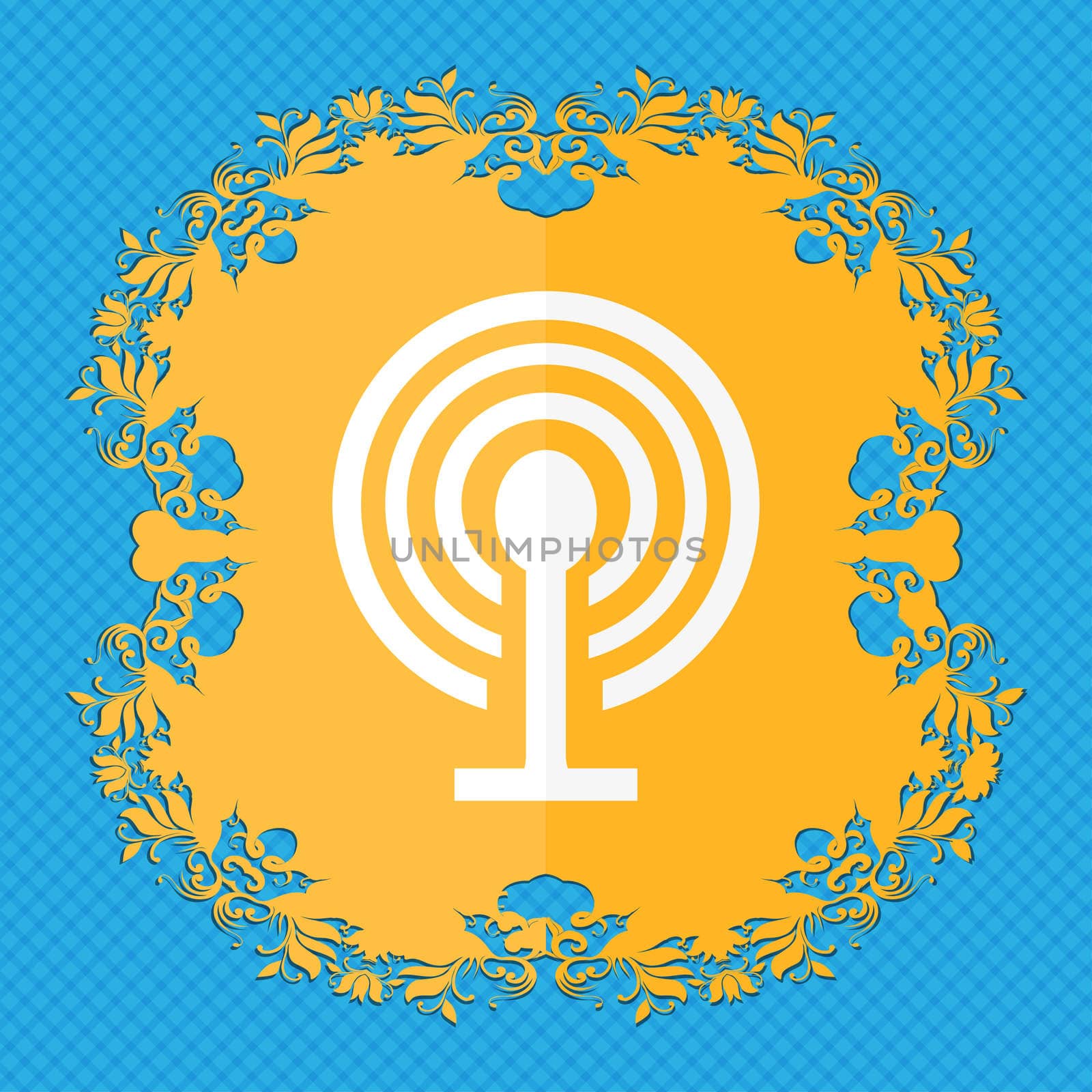 Wifi sign. Wi-fi symbol. Wireless Network icon zone. Floral flat design on a blue abstract background with place for your text. illustration