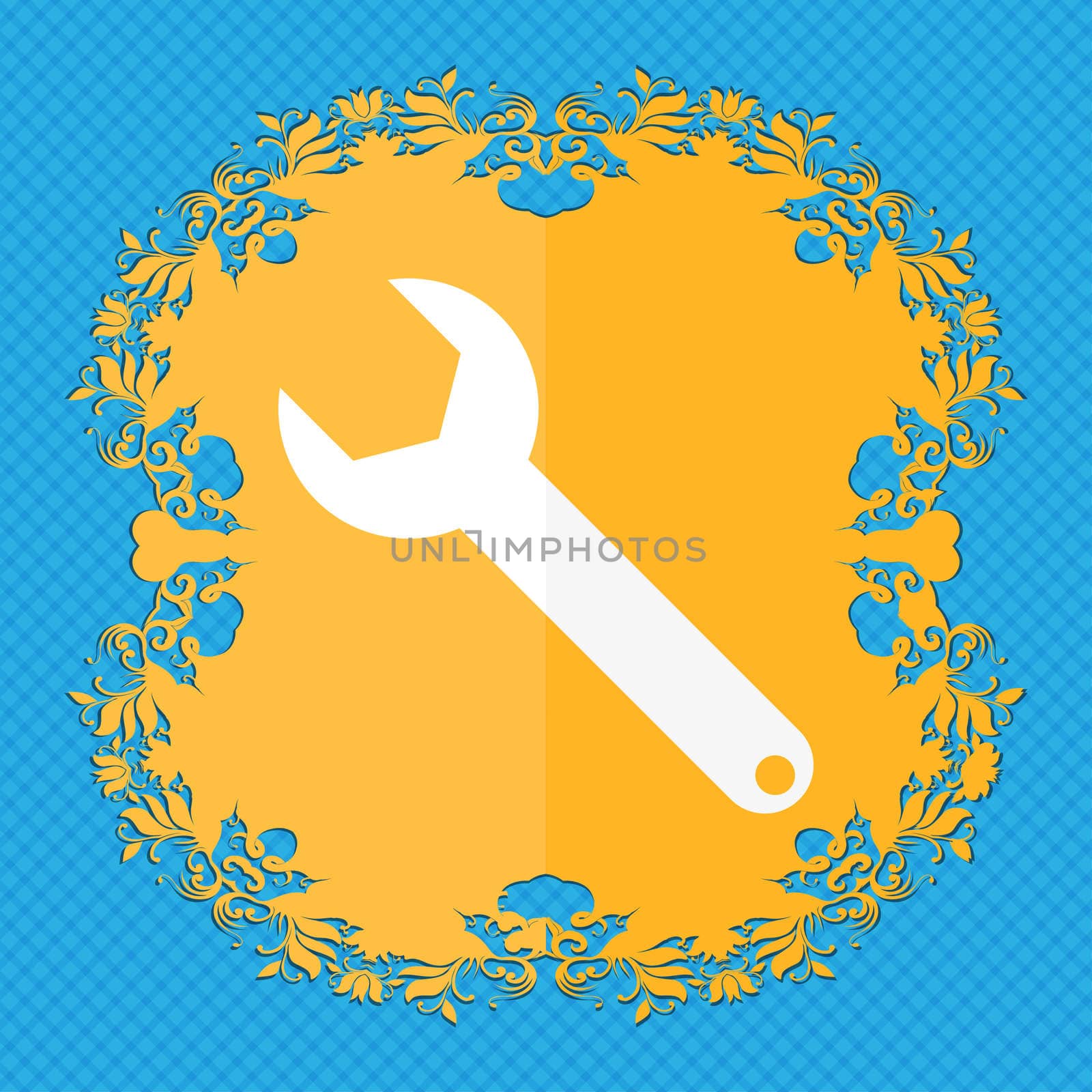 Wrench key sign icon. Service tool symbol. Floral flat design on a blue abstract background with place for your text. illustration