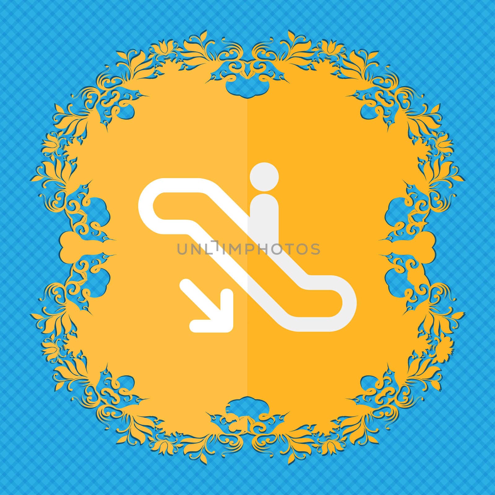 elevator, Escalator, Staircase. Floral flat design on a blue abstract background with place for your text. illustration