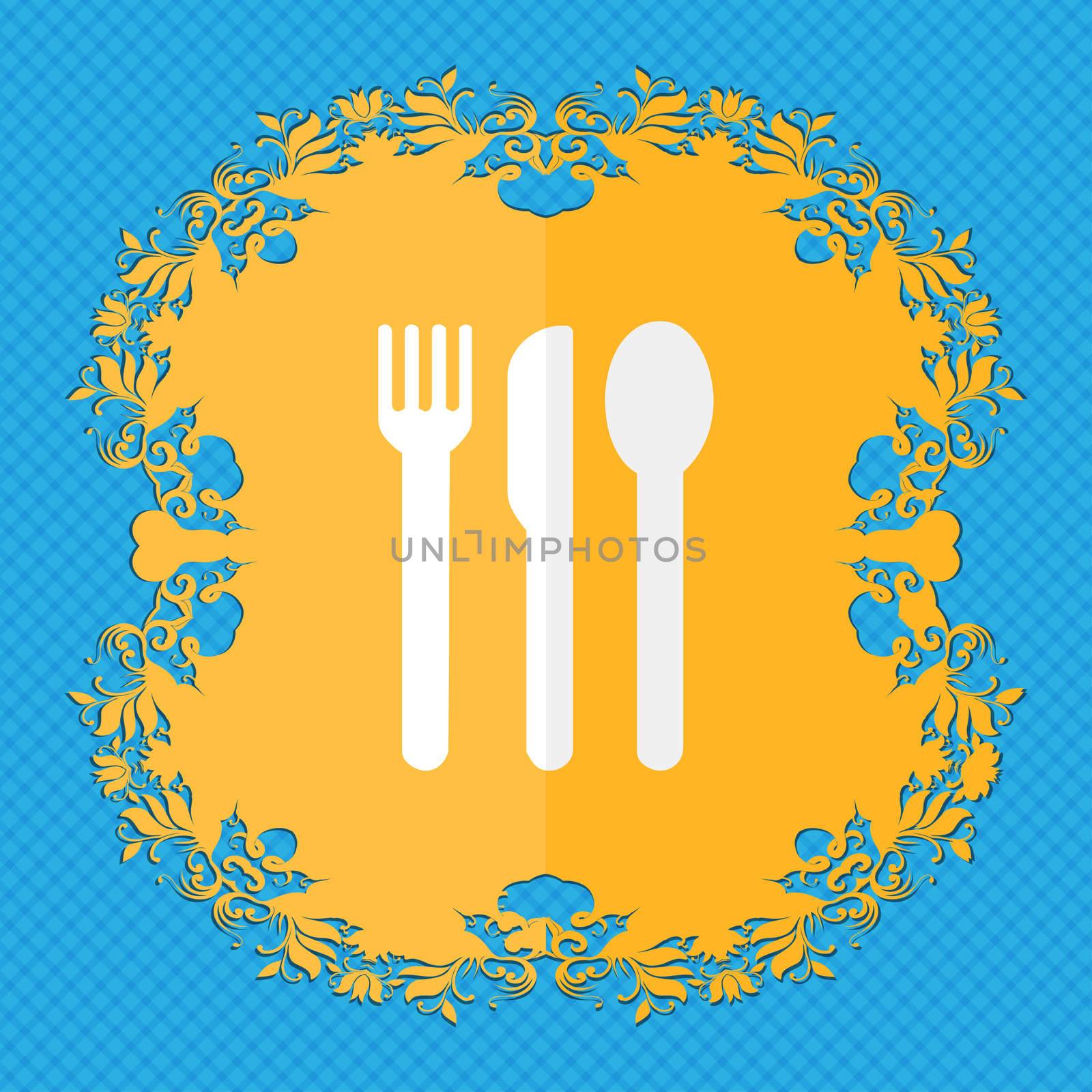 fork, knife, spoon. Floral flat design on a blue abstract background with place for your text. illustration