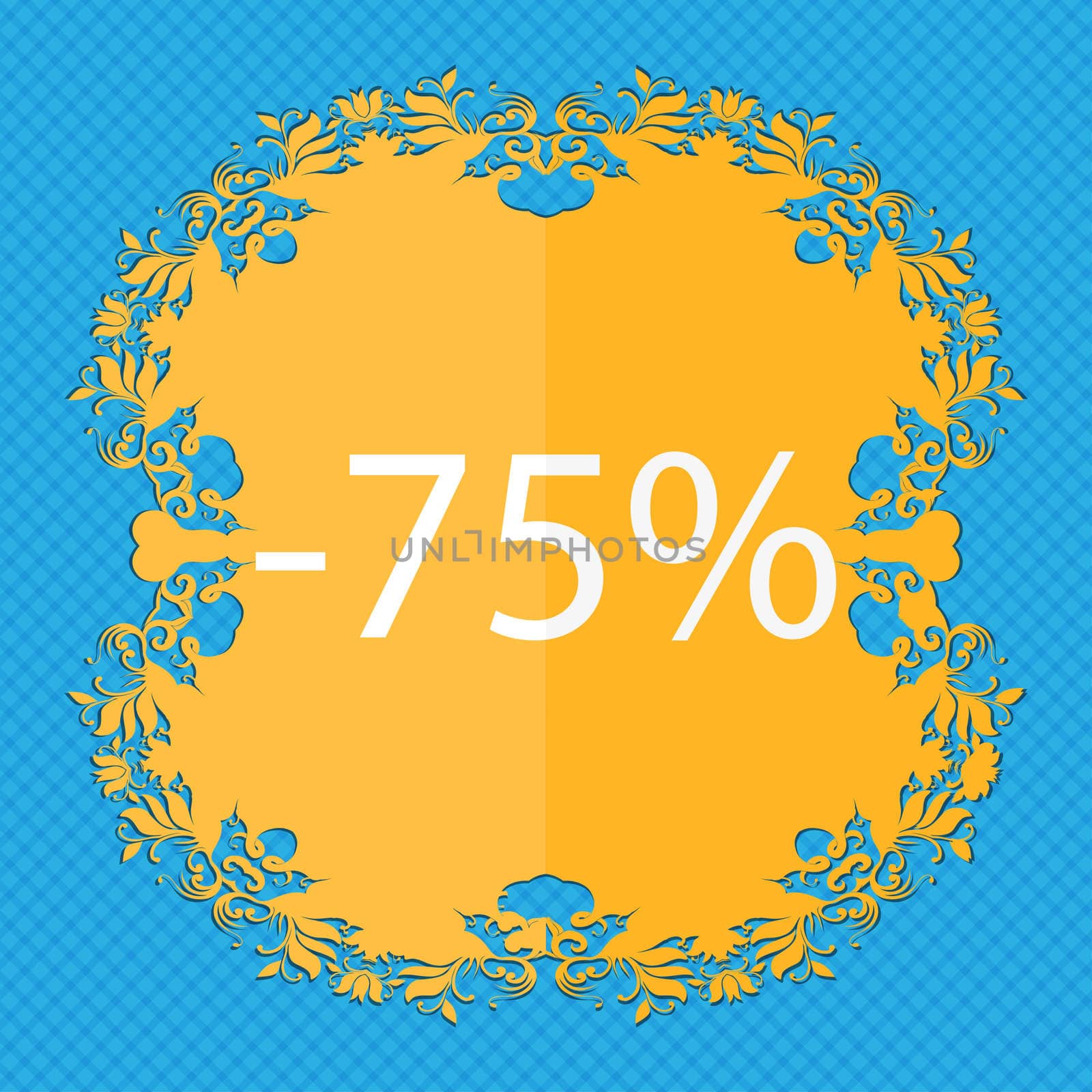 75 percent discount sign icon. Sale symbol. Special offer label. Floral flat design on a blue abstract background with place for your text. illustration