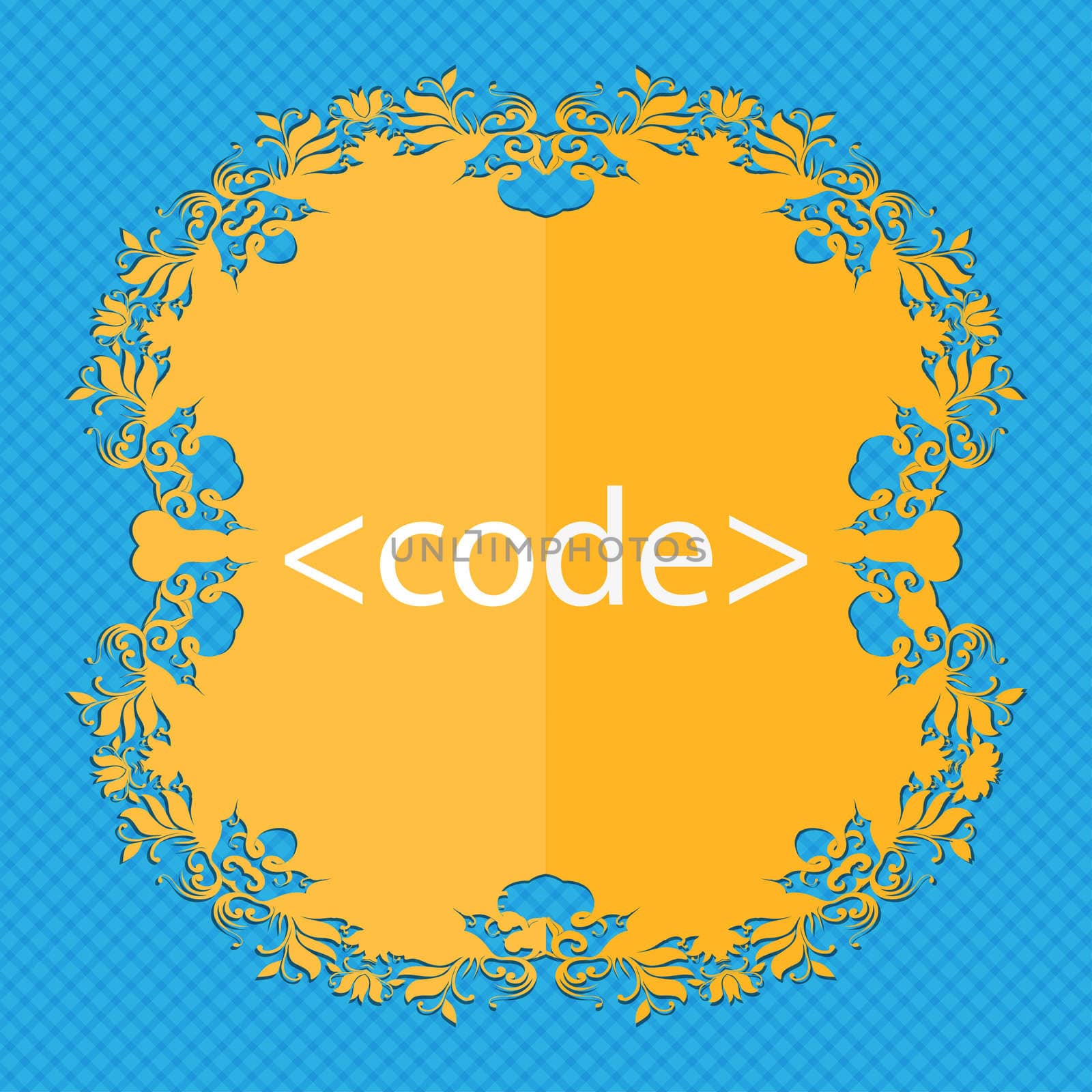 Code sign icon. Programming language symbol. Floral flat design on a blue abstract background with place for your text.  by serhii_lohvyniuk