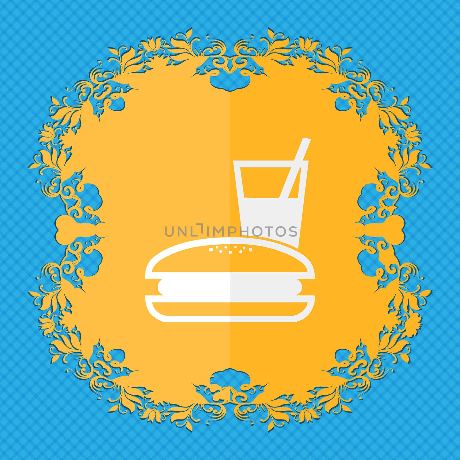 lunch box. Floral flat design on a blue abstract background with place for your text. illustration