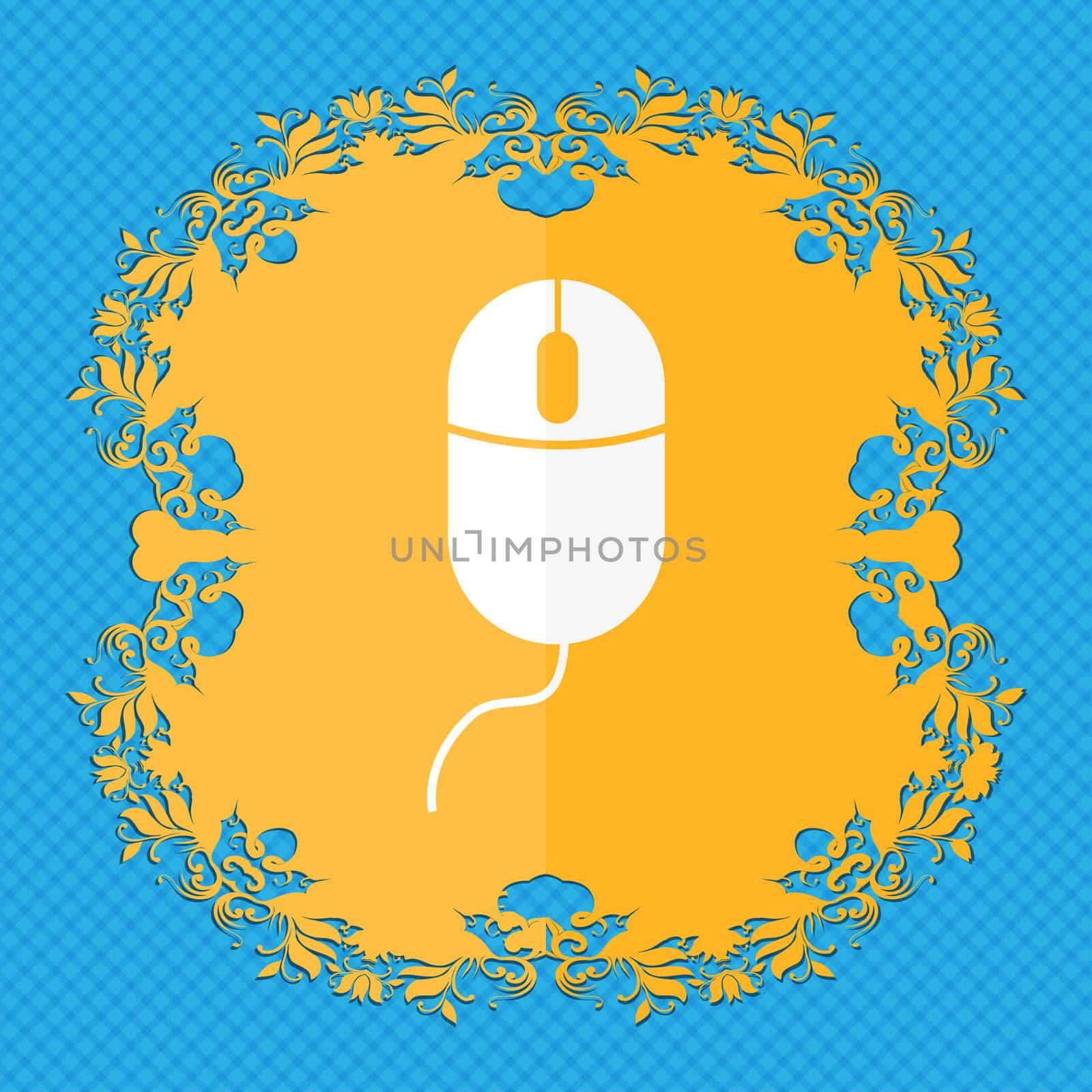 Computer mouse sign icon. Optical with wheel symbol. Floral flat design on a blue abstract background with place for your text. illustration