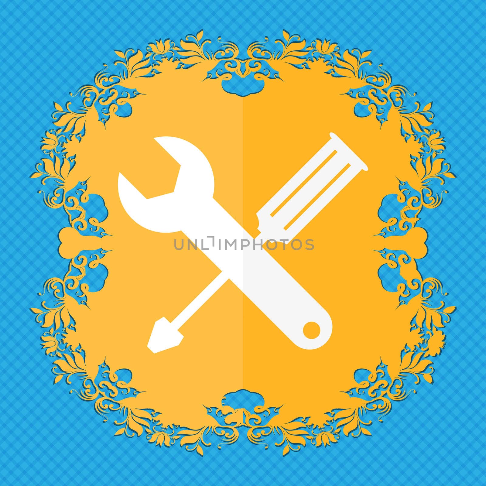 Repair tool sign icon. Service symbol. screwdriver with wrench. Floral flat design on a blue abstract background with place for your text. illustration