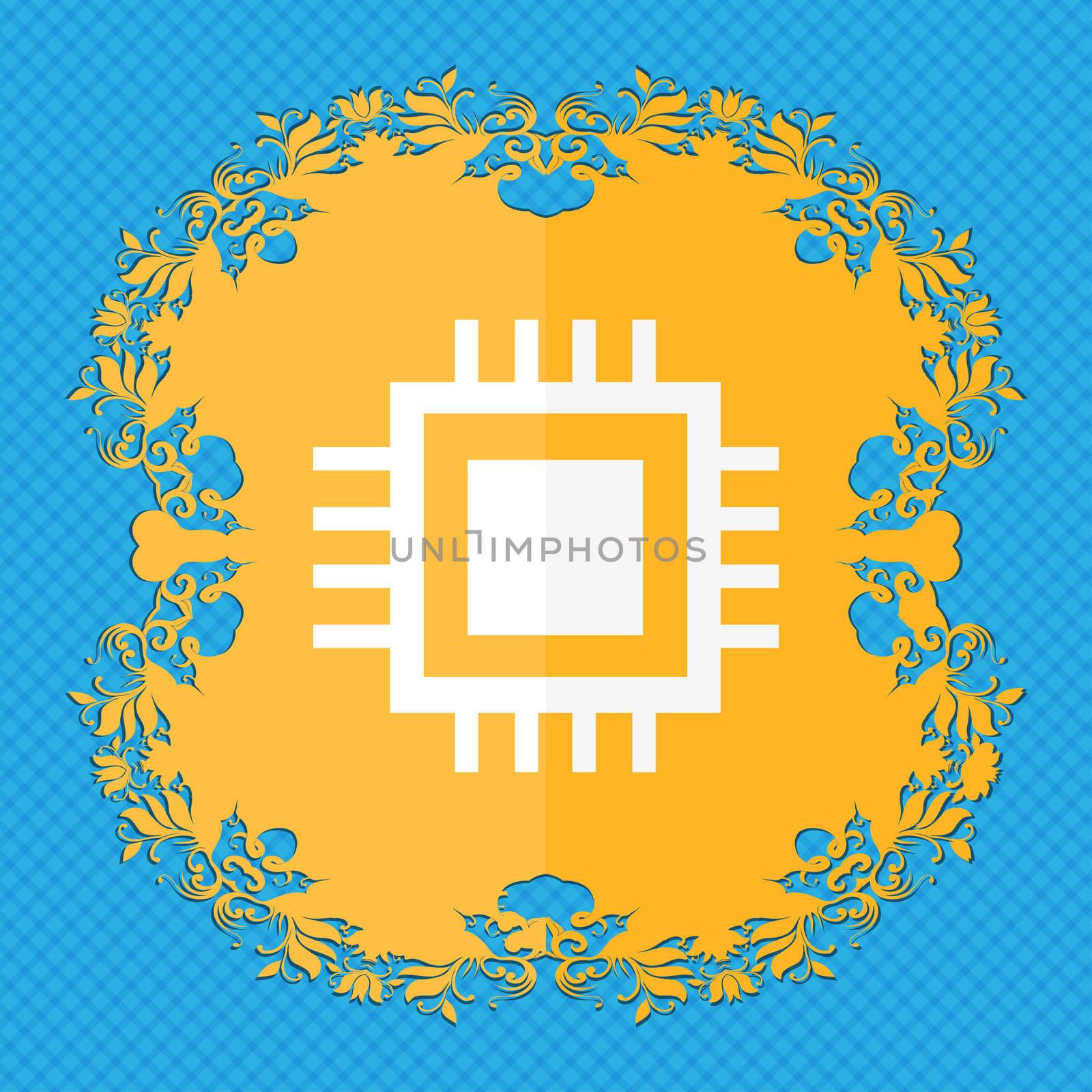 Central Processing Unit Icon. Technology scheme circle symbol. Floral flat design on a blue abstract background with place for your text. illustration