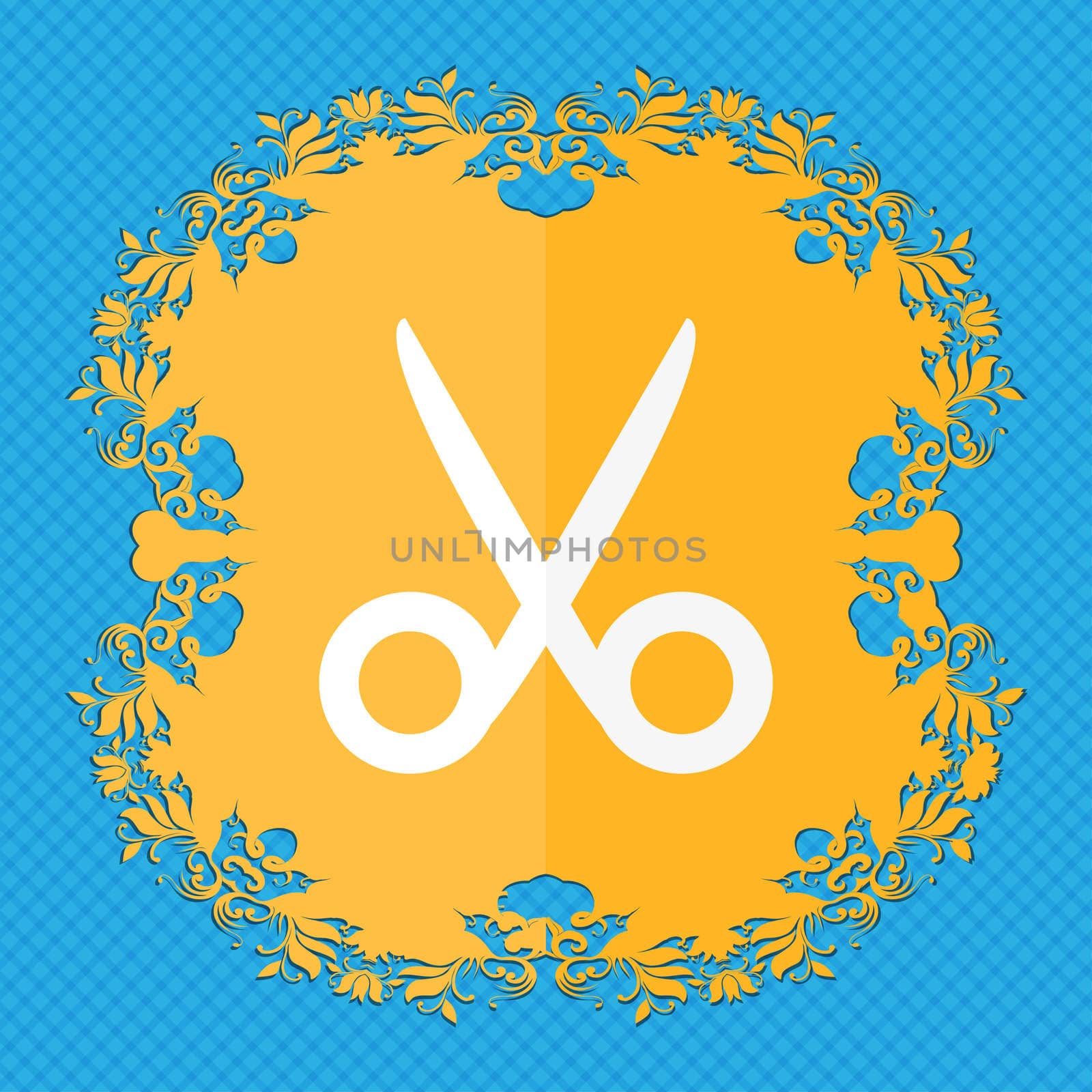 Scissors hairdresser sign icon. Tailor symbol. Floral flat design on a blue abstract background with place for your text. illustration