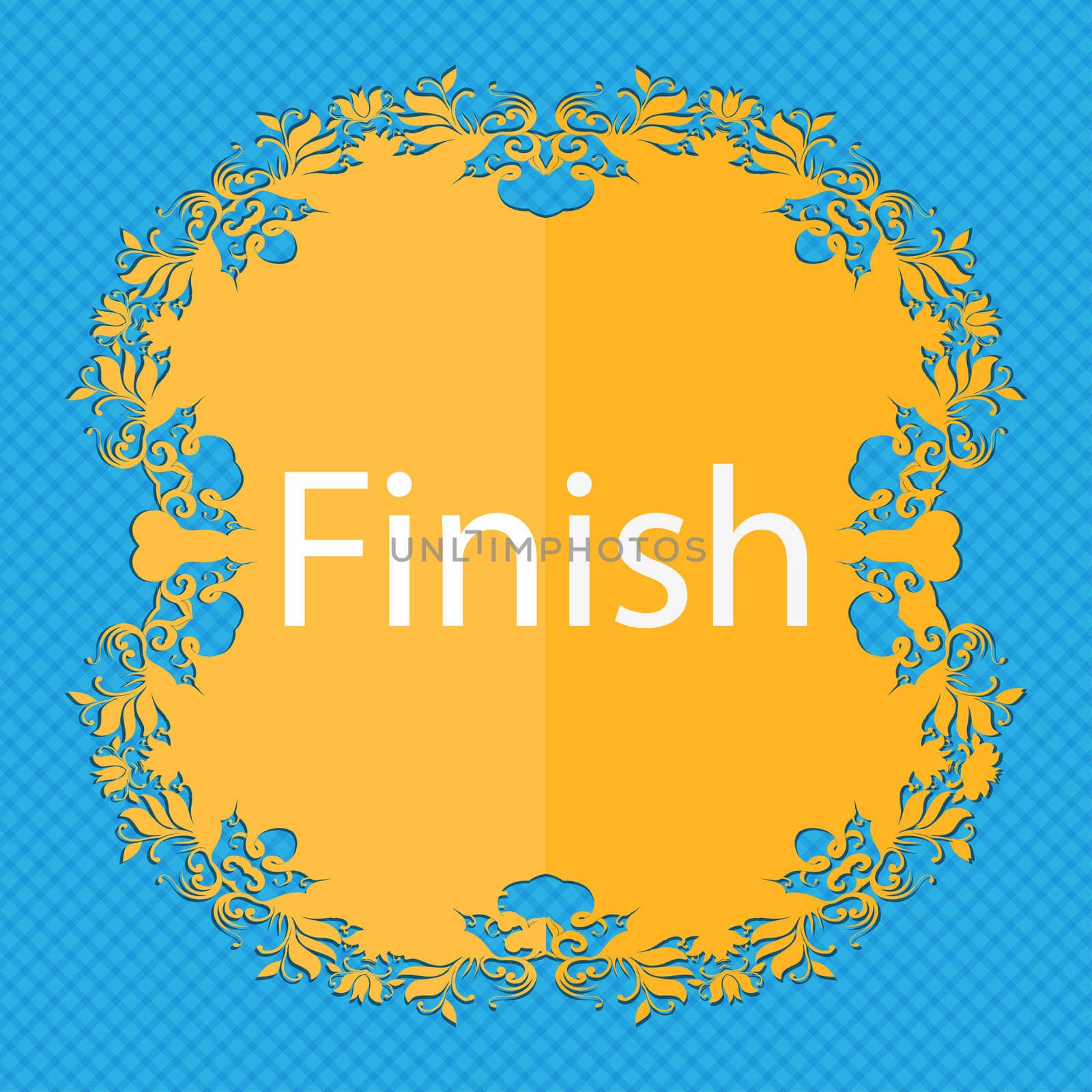 Finish sign icon. Power button. Floral flat design on a blue abstract background with place for your text.  by serhii_lohvyniuk