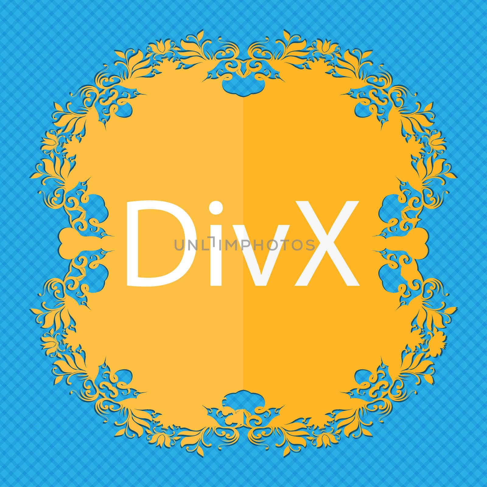 DivX video format sign icon. symbol. Floral flat design on a blue abstract background with place for your text. illustration