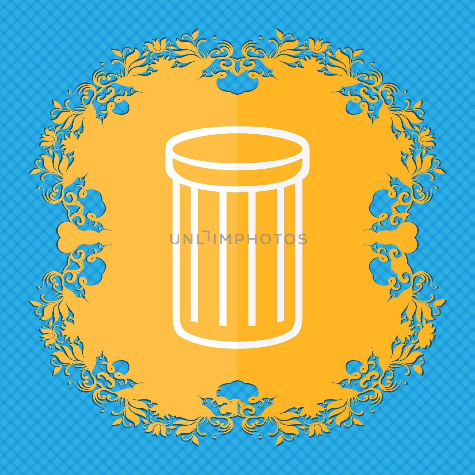 Recycle bin sign icon. Symbol. Floral flat design on a blue abstract background with place for your text. illustration