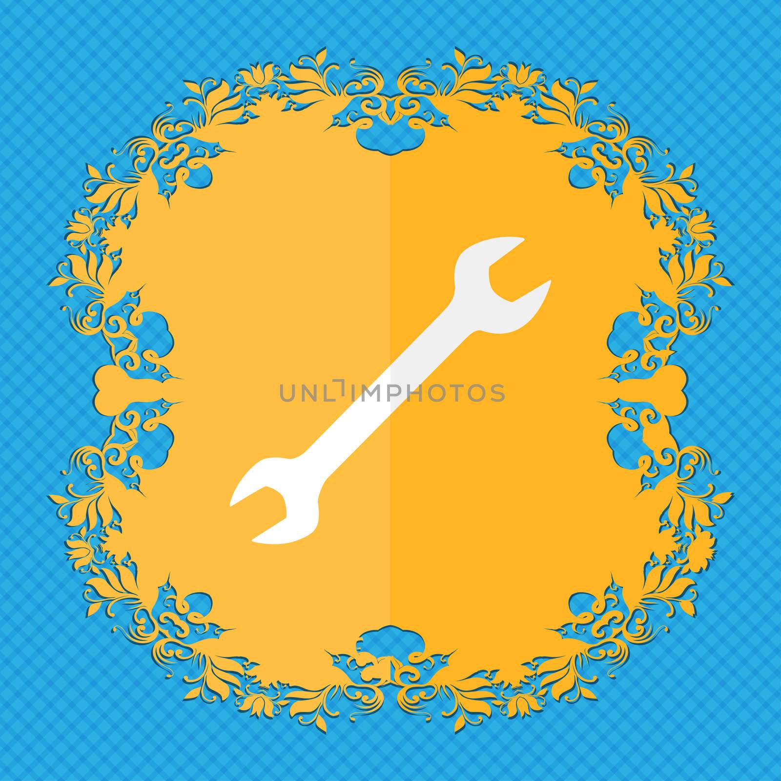 wrench. Floral flat design on a blue abstract background with place for your text.  by serhii_lohvyniuk