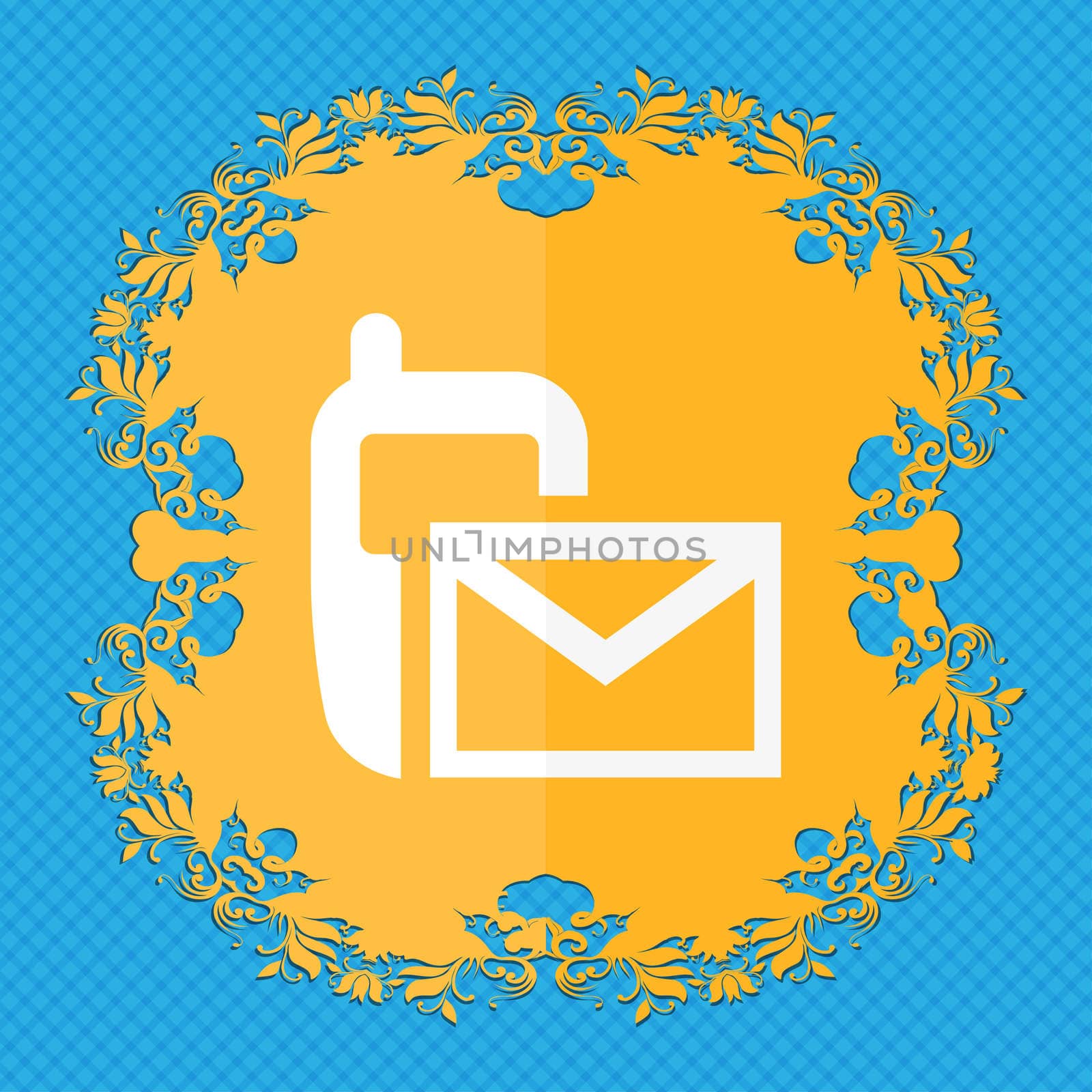 Mail icon. Envelope symbol. Message sms sign. Floral flat design on a blue abstract background with place for your text. illustration