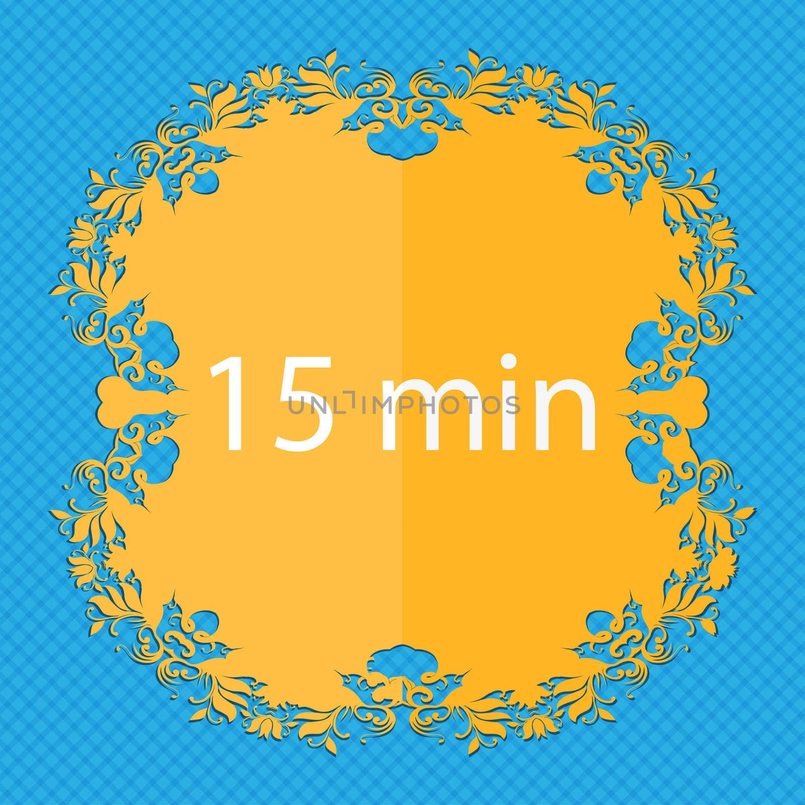 15 minutes sign icon. Floral flat design on a blue abstract background with place for your text. illustration