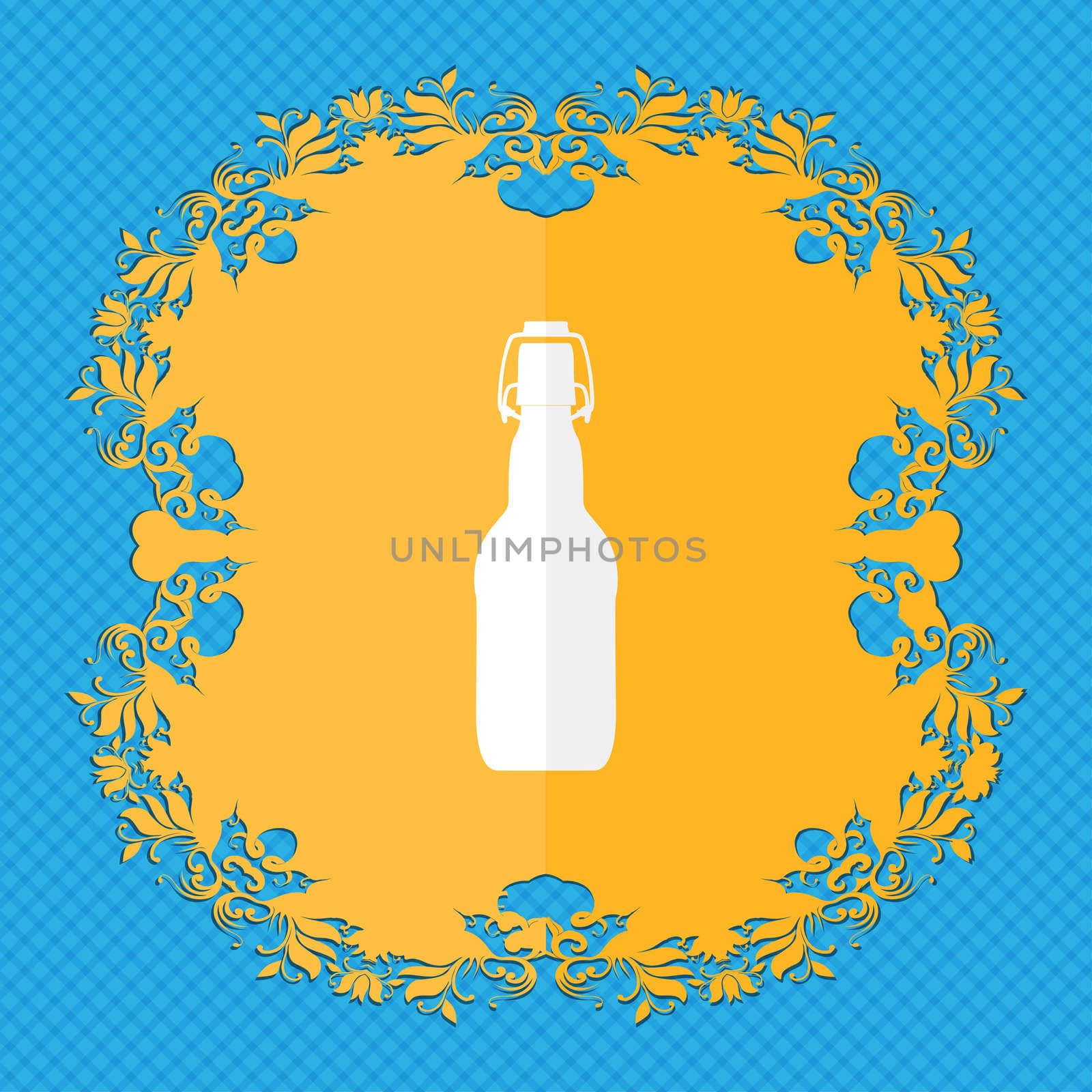 bottle. Floral flat design on a blue abstract background with place for your text. illustration