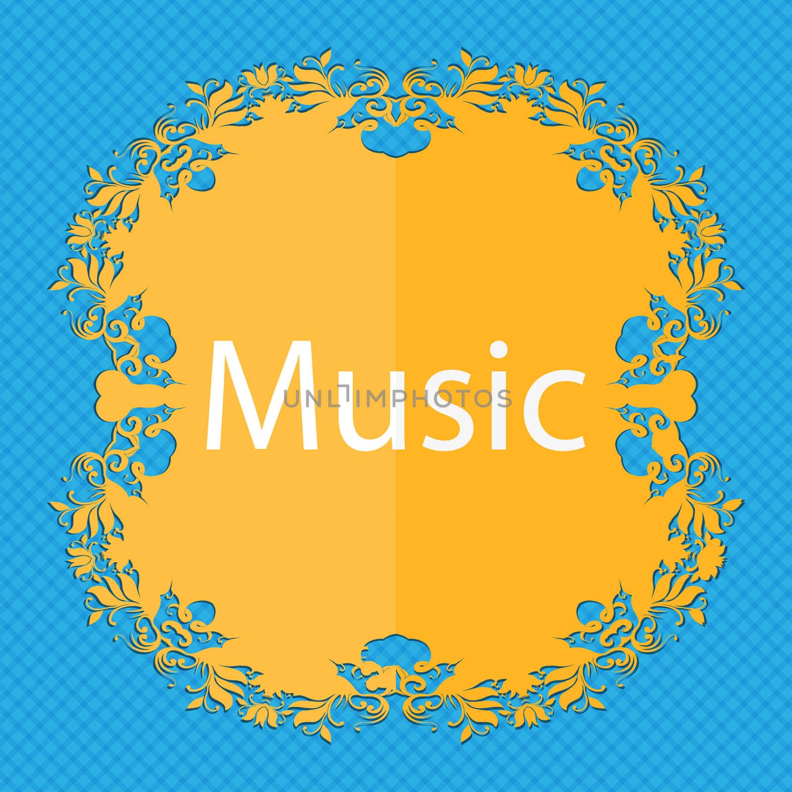 music sign icon. Karaoke symbol. Floral flat design on a blue abstract background with place for your text. illustration