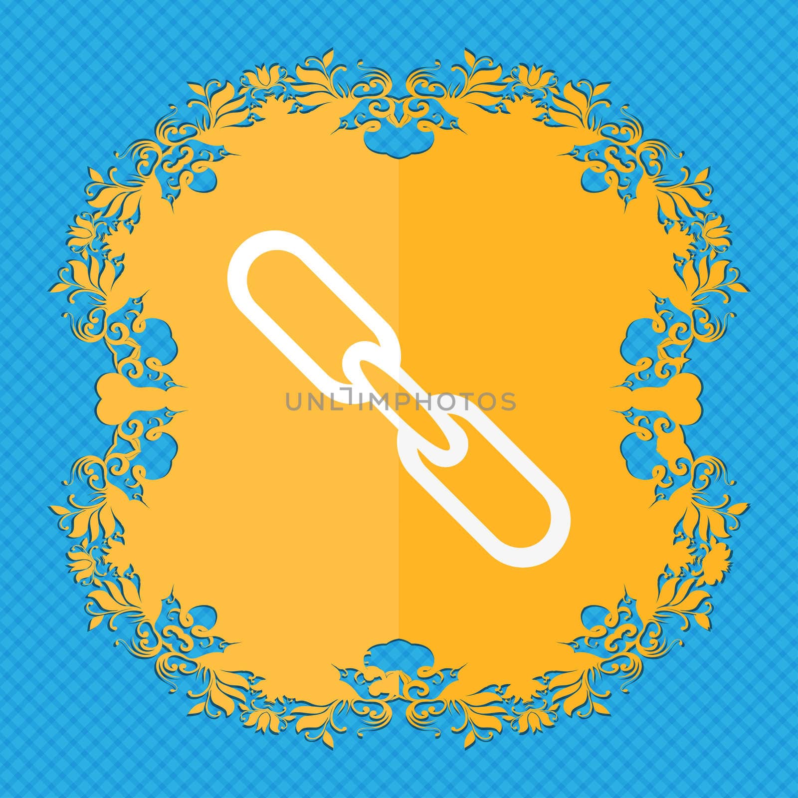 Link sign icon. Hyperlink chain symbol. Floral flat design on a blue abstract background with place for your text.  by serhii_lohvyniuk