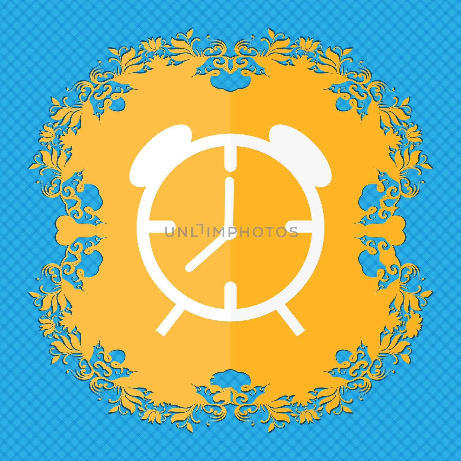 Alarm clock sign icon. Wake up alarm symbol. Floral flat design on a blue abstract background with place for your text.  by serhii_lohvyniuk