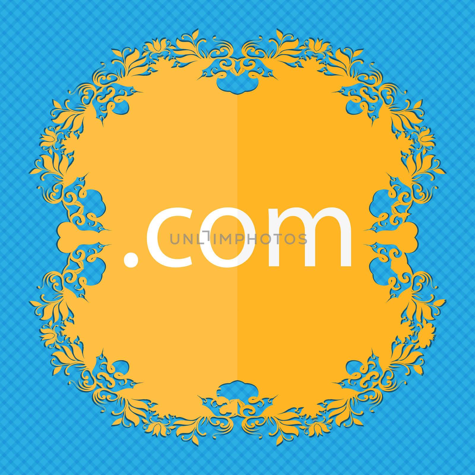 Domain COM sign icon. Top-level internet domain symbol. Floral flat design on a blue abstract background with place for your text.  by serhii_lohvyniuk