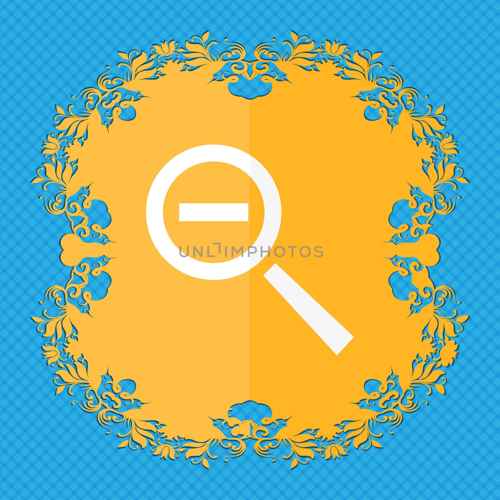 Magnifier glass, Zoom tool icon sign. Floral flat design on a blue abstract background with place for your text. illustration