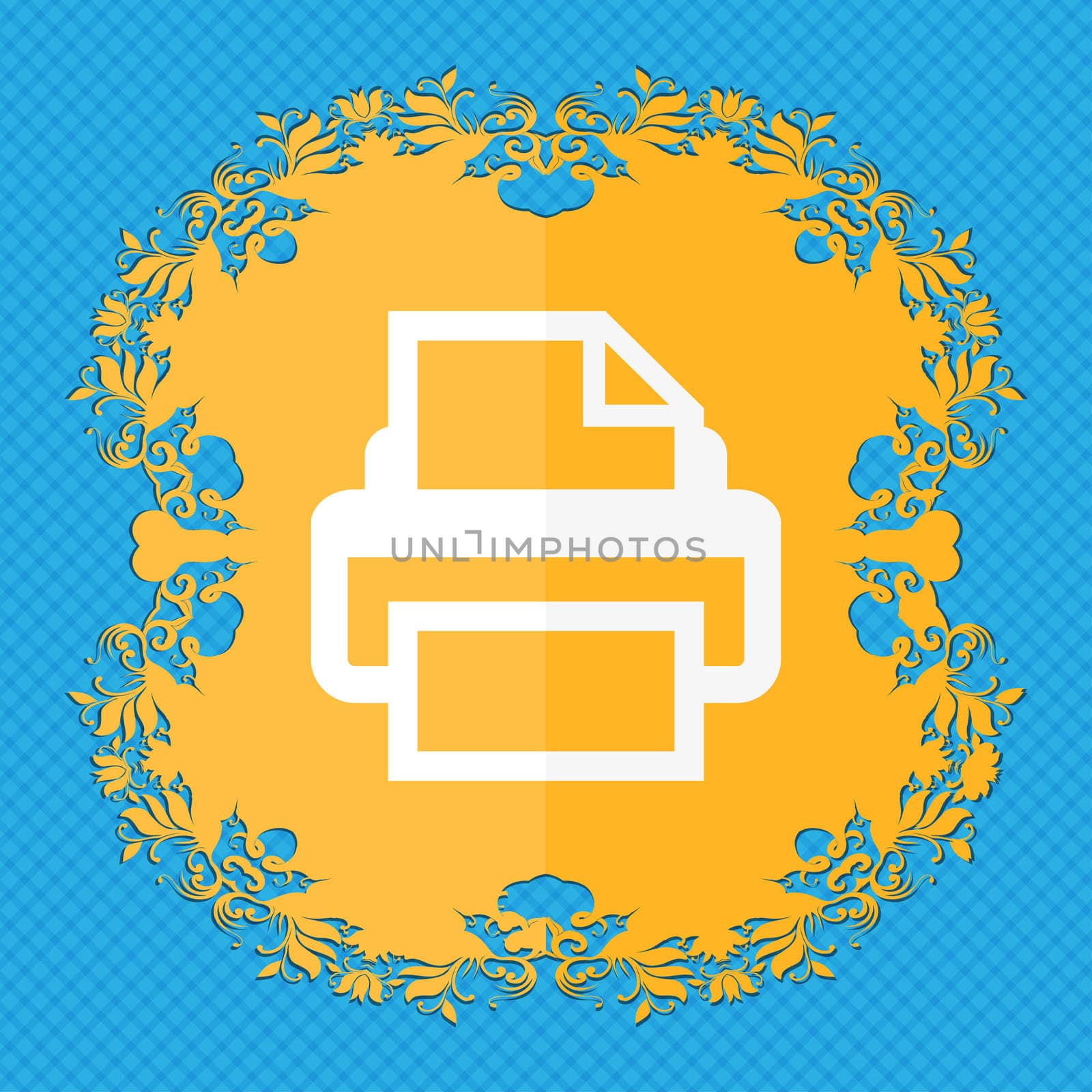 Print sign icon. Printing symbol. Floral flat design on a blue abstract background with place for your text.  by serhii_lohvyniuk