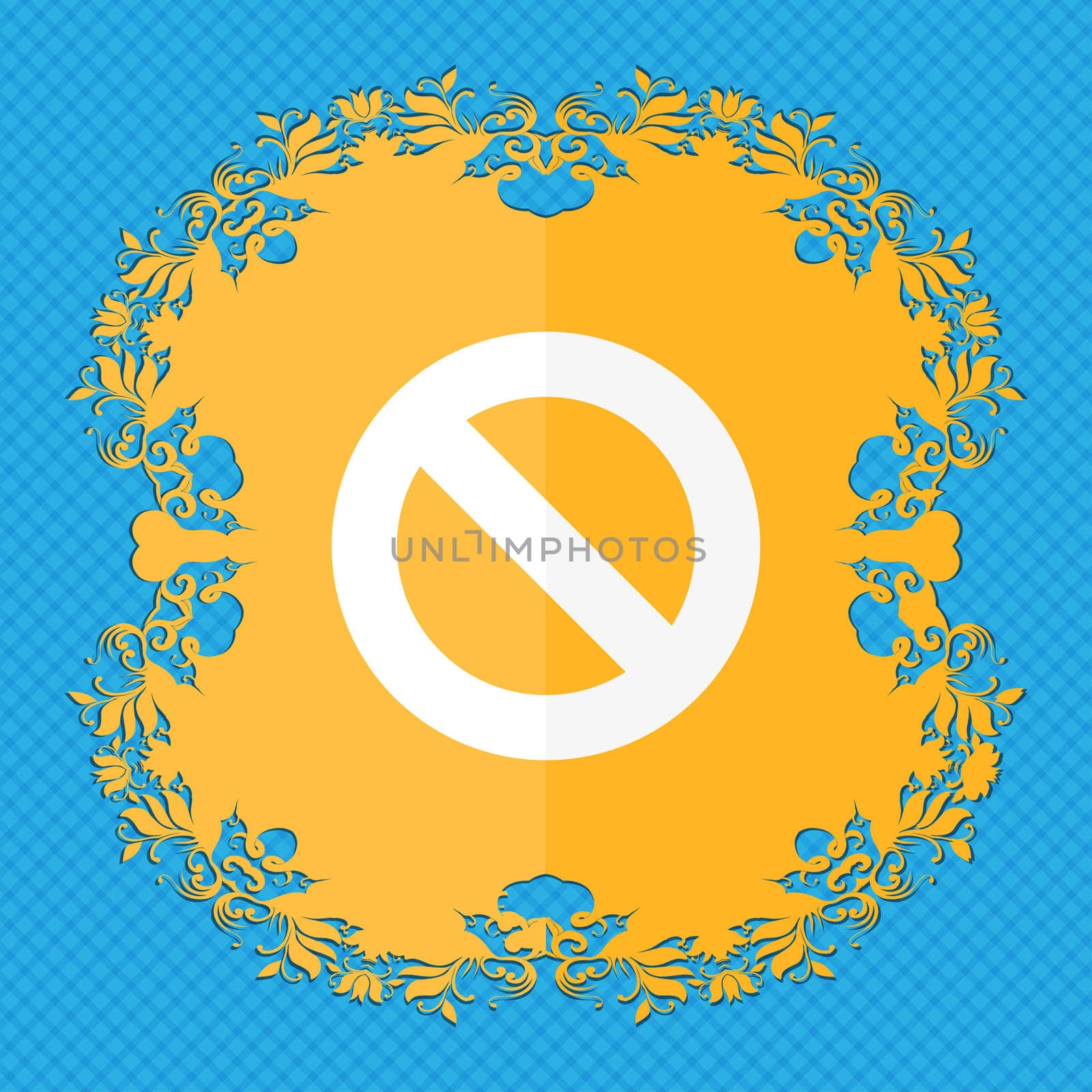 Stop sign icon. Prohibition symbol. No sign. Floral flat design on a blue abstract background with place for your text.  by serhii_lohvyniuk