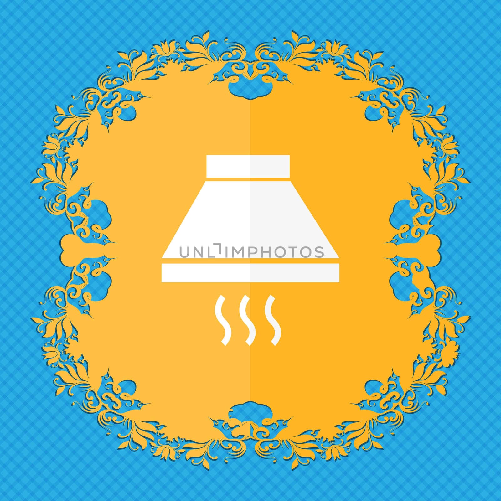 Kitchen hood icon sign. Floral flat design on a blue abstract background with place for your text.  by serhii_lohvyniuk