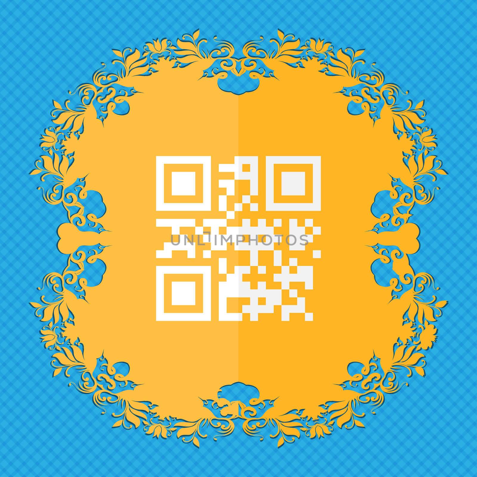 Qr code. Floral flat design on a blue abstract background with place for your text. illustration