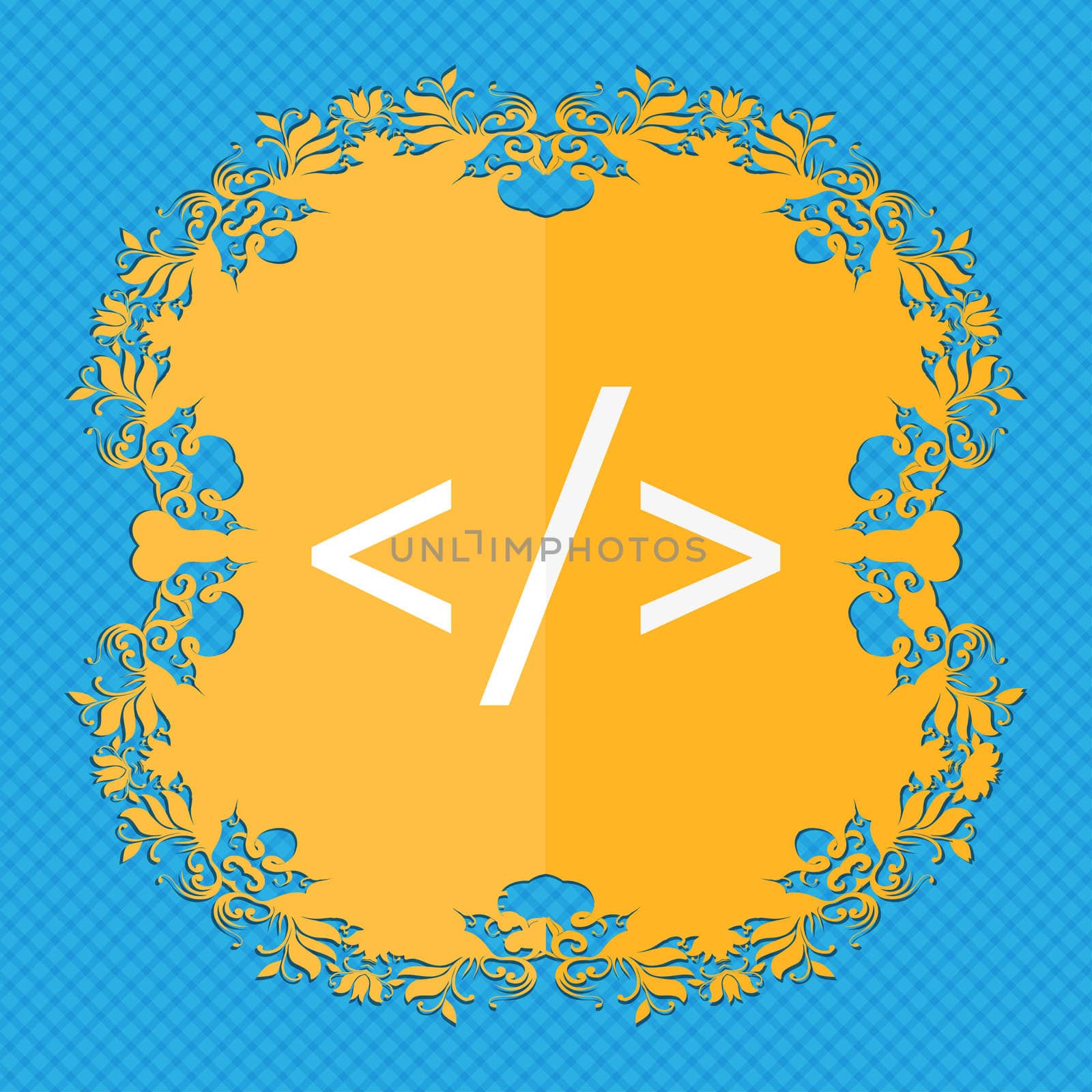 Code sign icon. Programming language symbol. Floral flat design on a blue abstract background with place for your text.  by serhii_lohvyniuk