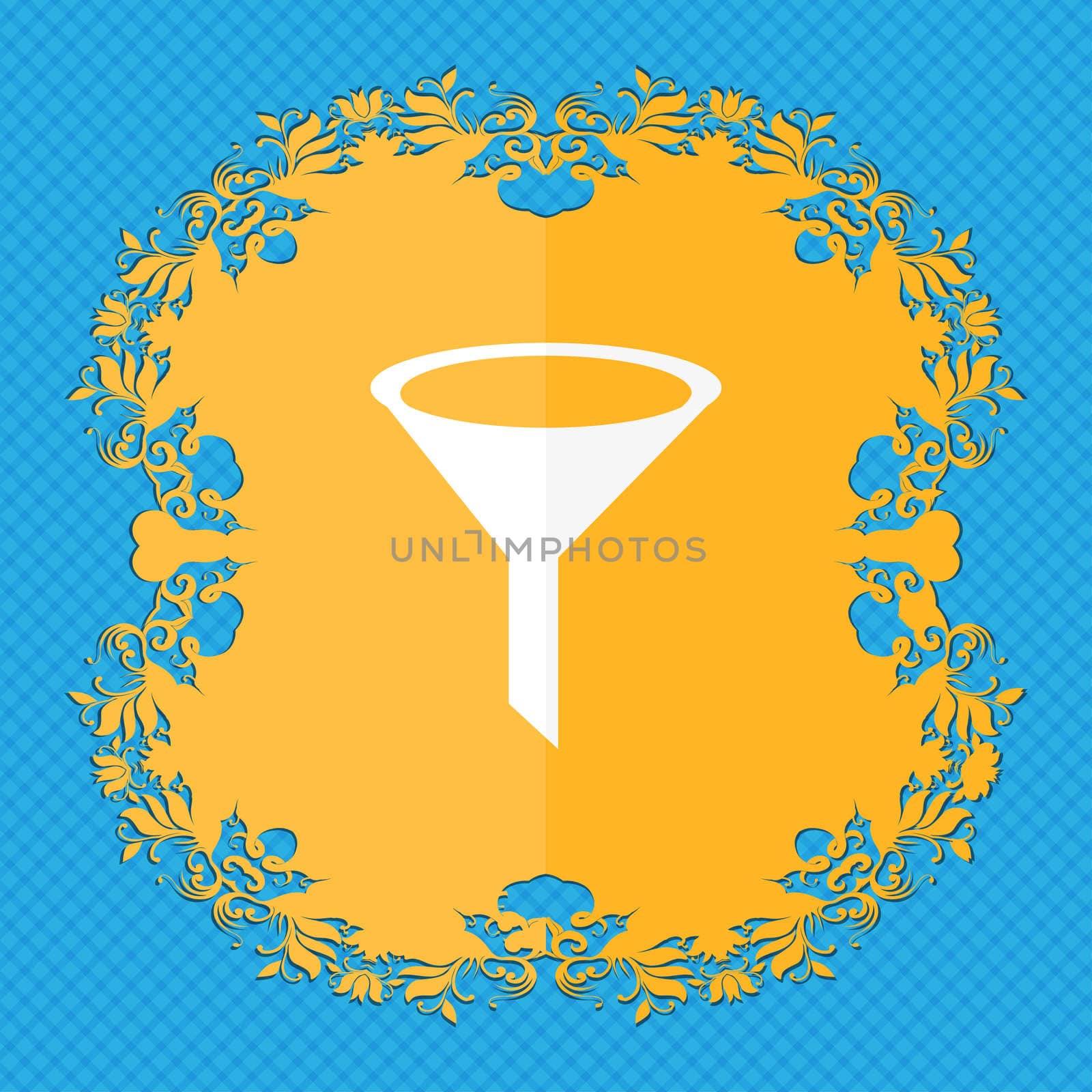 Funnel icon sign. Floral flat design on a blue abstract background with place for your text. illustration